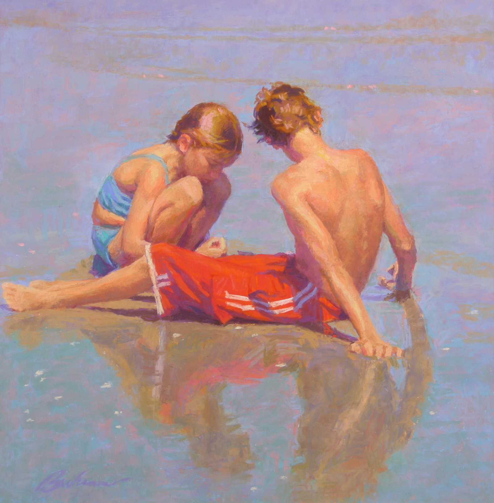 Clayton Buchanan (American, b. 1940): "The Red Trunks"; n.d.; Pastel on Paper; 20.5" x 20.5"; Signed "Buchanan" Lower Left; Framed (under glass); Note: "Locust Grove Invitational 2009" label on verso.
