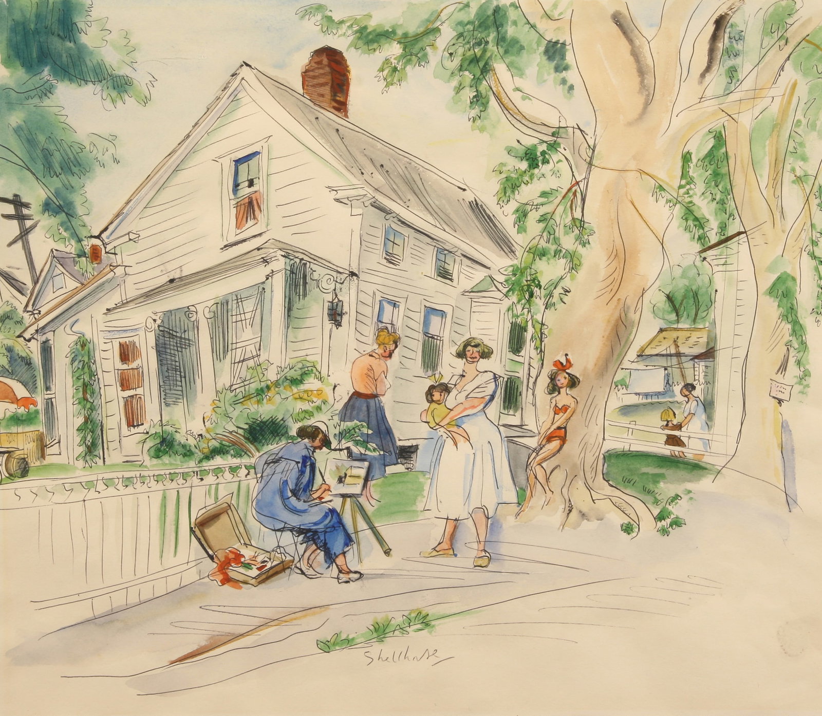 George Shellhase (American, 1895 - 1988): "Summer Afternoon"; c. 1940; Pen and Watercolor on Paper; 13.5" x 15.5"; Signed "Shellhase" Lower Center; Framed (under glass).