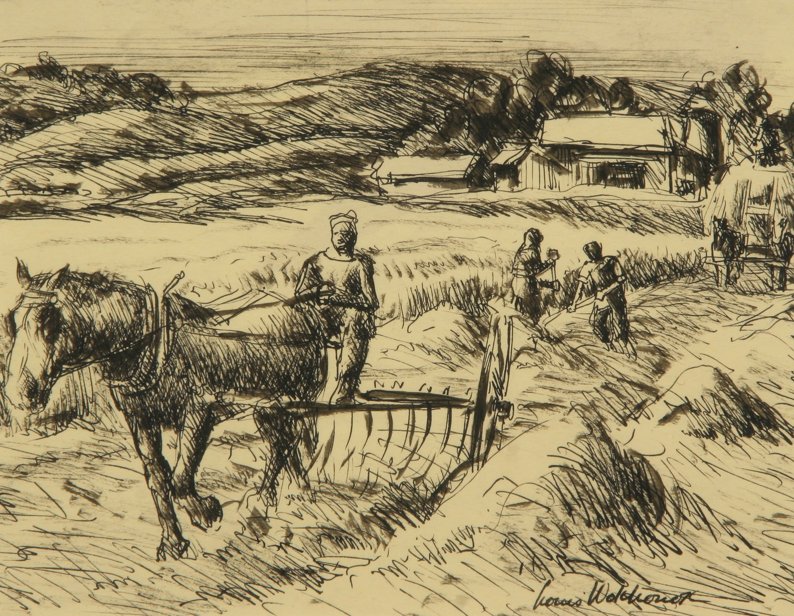 Louis Wolchonok (American, 1898 - 1973): "Farm Scene with Horse and Plow"; c. 1950; Ink on Paper; 4.25" x 5.25"; Signed "Louis Wolchonok" Lower Right; Framed (under glass).