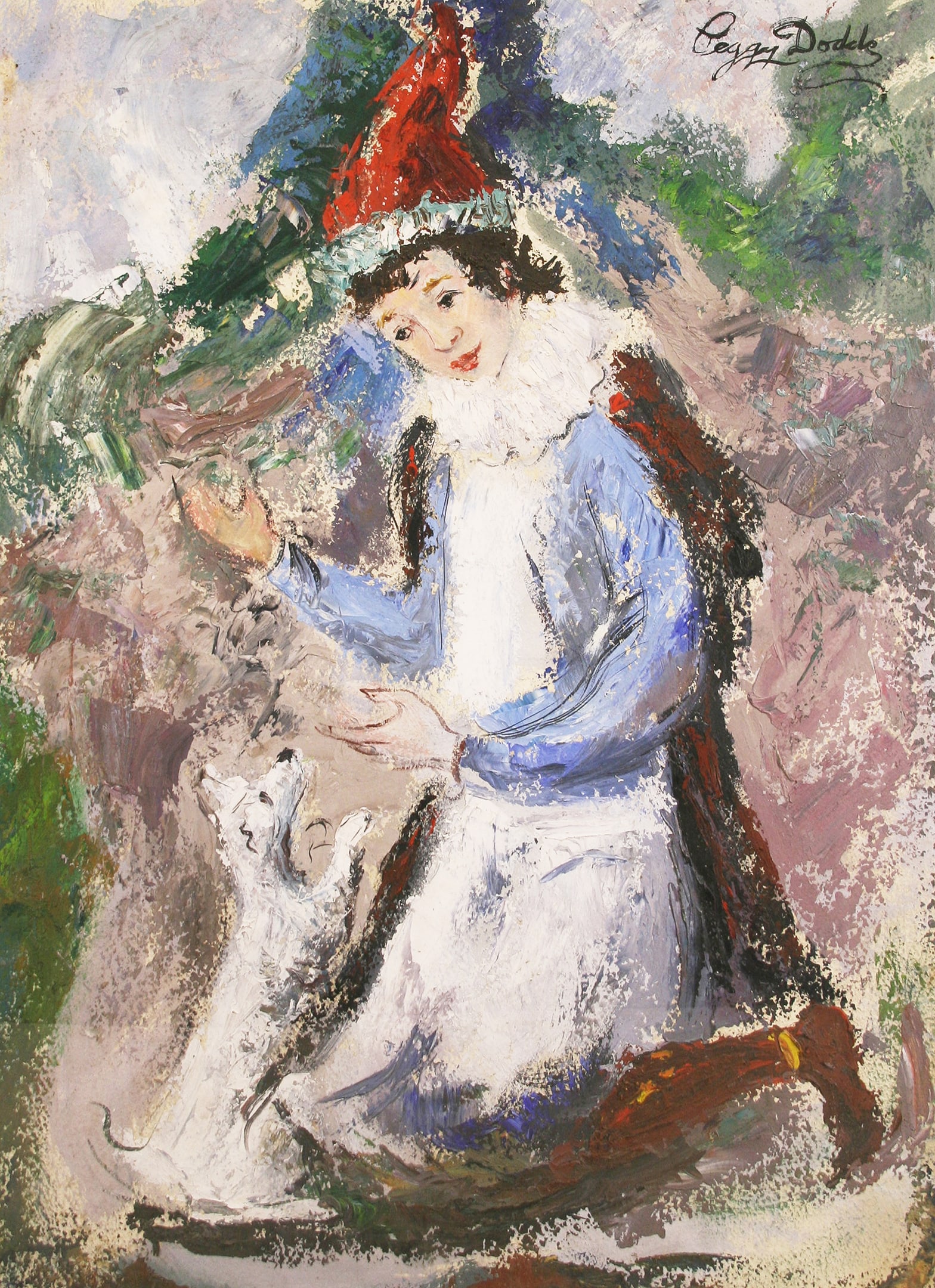 Peggy Dodds (American, 1900 - 1987): "Circus Performer with Dog"; c. 1970; Oil on Canvas; 29" x 21.5"; Signed "Peggy Dodds" Upper Right; Framed (under glass).
