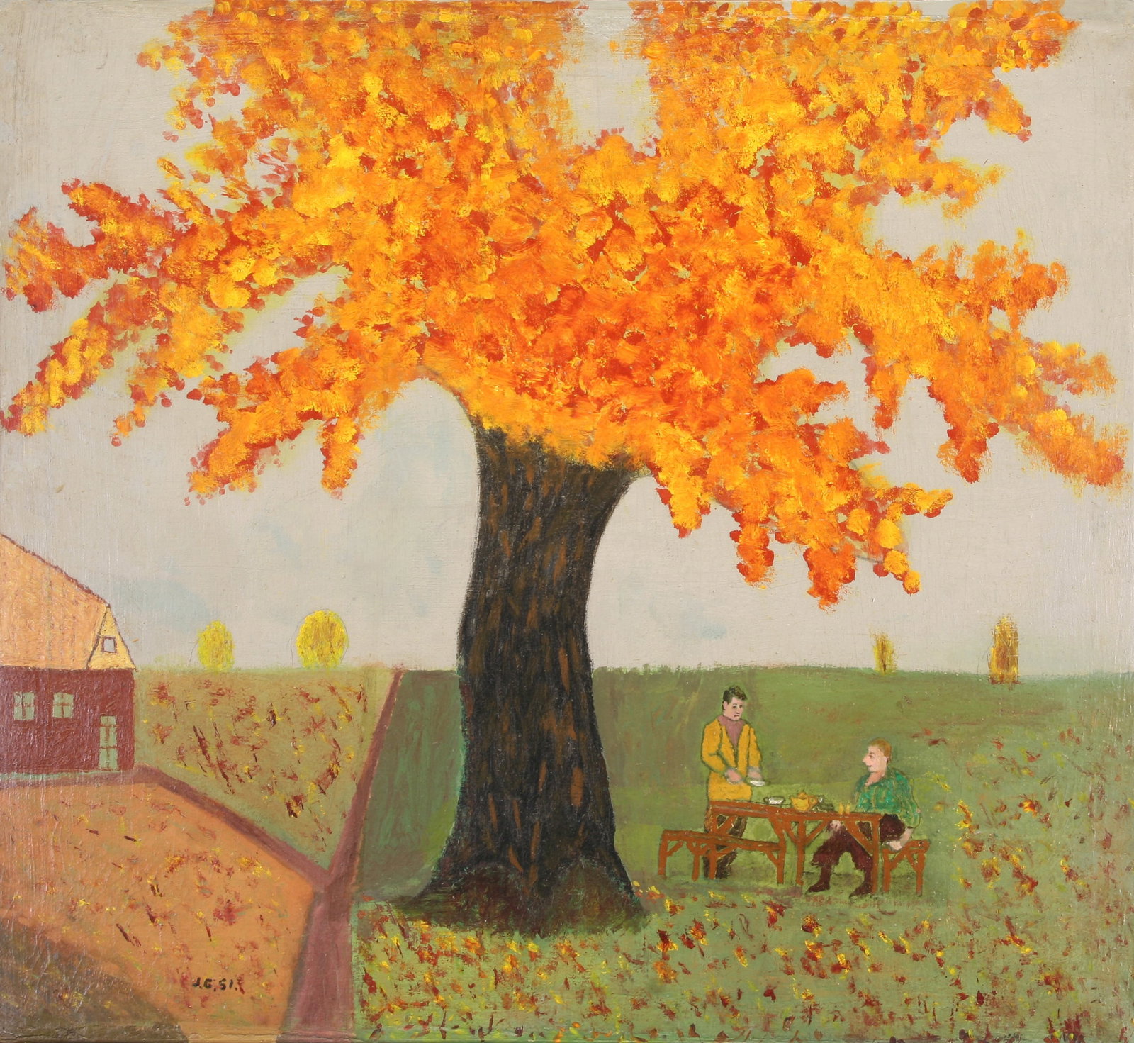 Joseph Garlock (Russian - American, 1884 - 1980): "Autumn Picnic"; 1951; Paint on Canvas; 22" x 24"; Initialed "J.G." Lower Left; Framed; Note: "Carl Hammer Gallery - Chicago, IL" exhibition label on verso.
