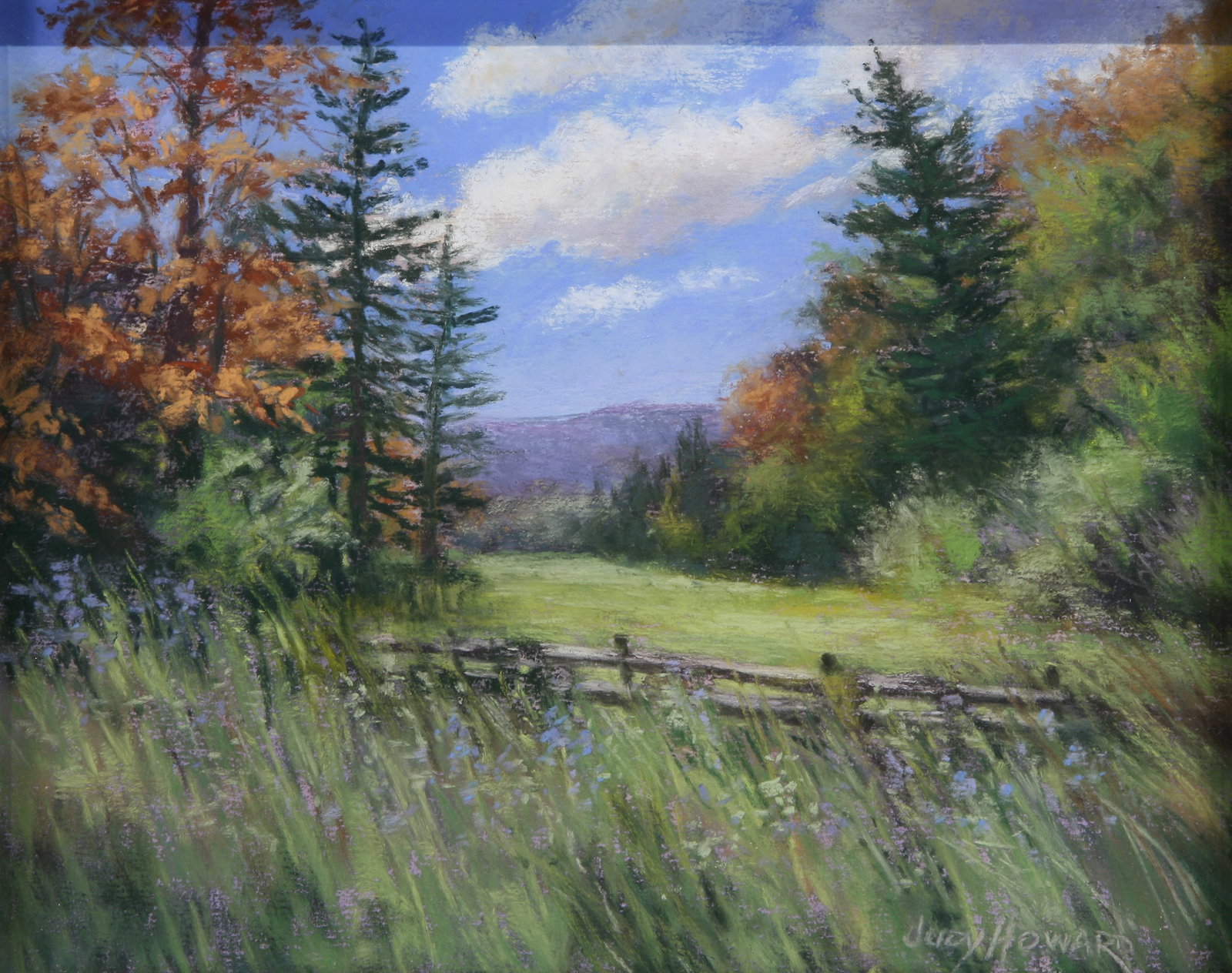 Judy Howard (American, b. 1950): "Autumn in the Catskills"; 2024; Pastel on Paper; 7.75" x 9.5"; Signed "Judy Howard" Lower Right; Framed (under glass); Note: Various labels on verso.