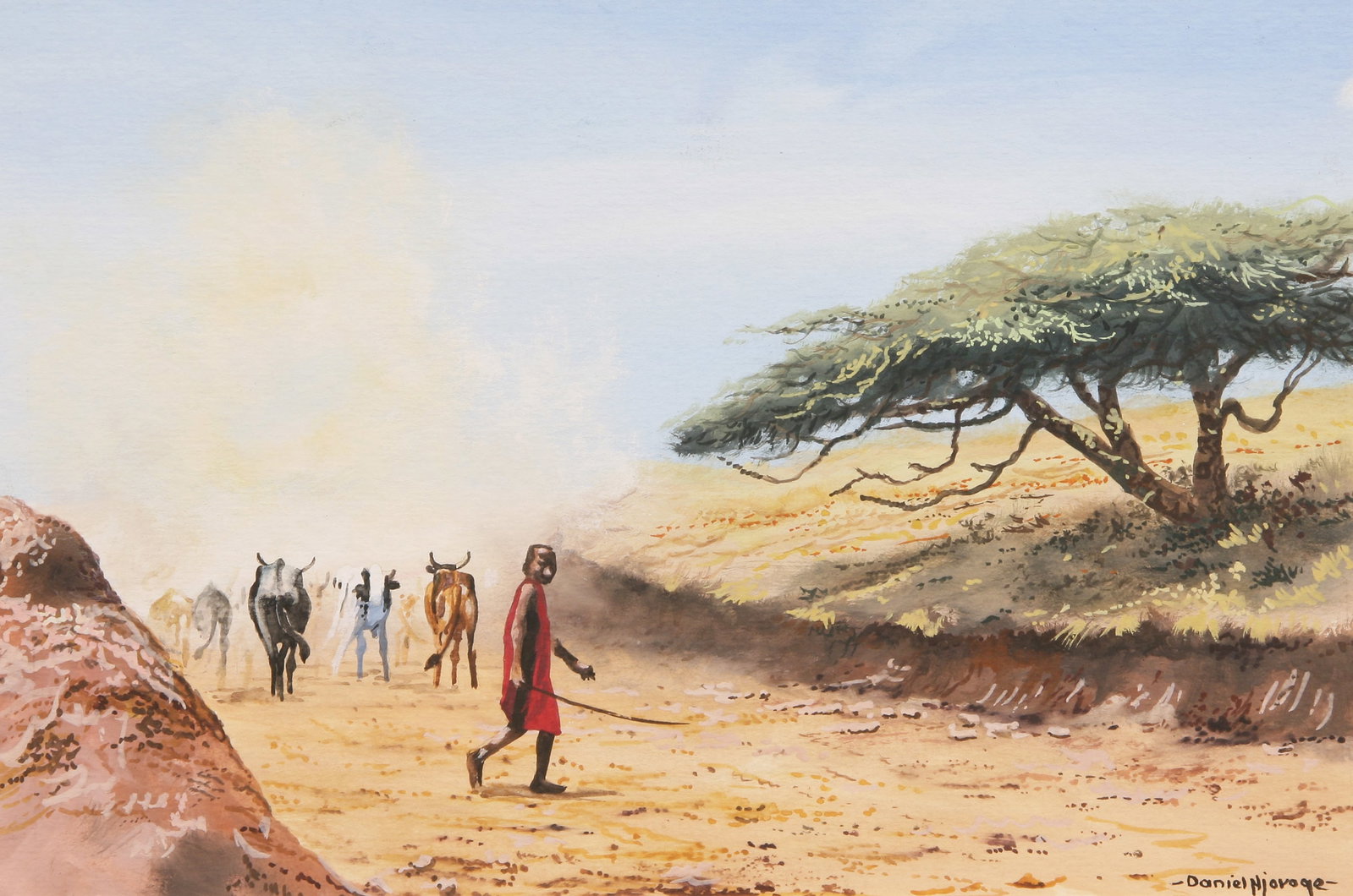 Daniel Njoroge (Kenyan, 20th Century): "Herding Cattle"; c. 1980; Gouache on Paper; 7" x 10.5"; Signed "Daniel Njoroge" Lower Right; Framed.