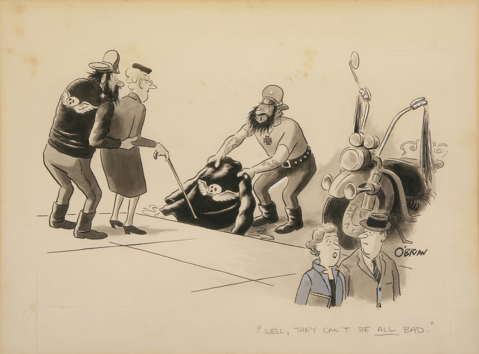 William O'Brian (American, b. 1911 - d. ?): "Well, They Can't Be All That Bad"; 1966; Ink and Watercolor on Paper; 12.5" x 16.75"; Signed "O'Brian" Lower Right; Framed (under glass).