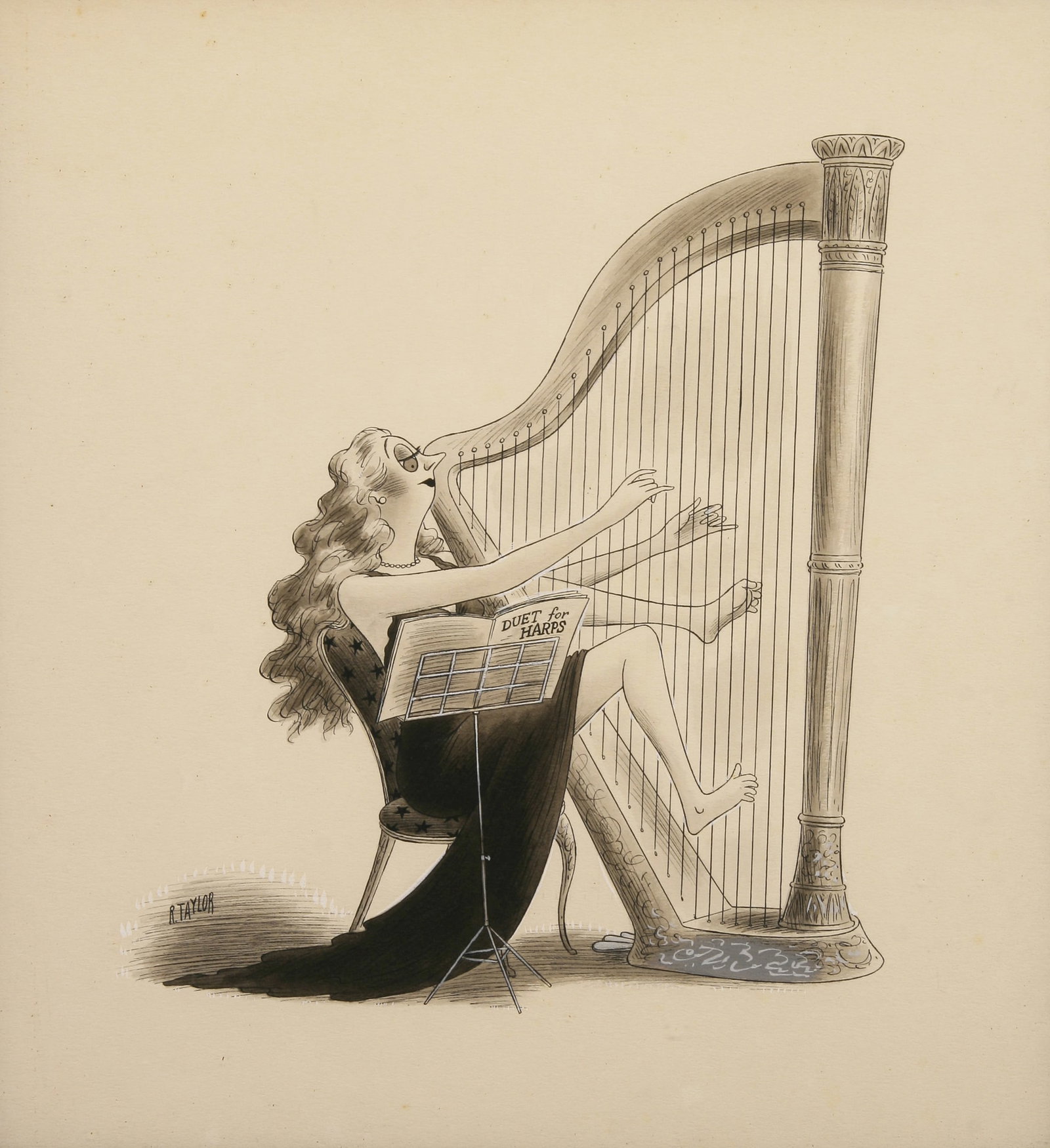 Richard Taylor (Canadian, 1902 - 1970): "Duet for Harps"; n.d.; Ink and Correction Fluid on Paper; 12.75" x 11.5"; Signed "R. Taylor" Lower Left; Framed (under glass).