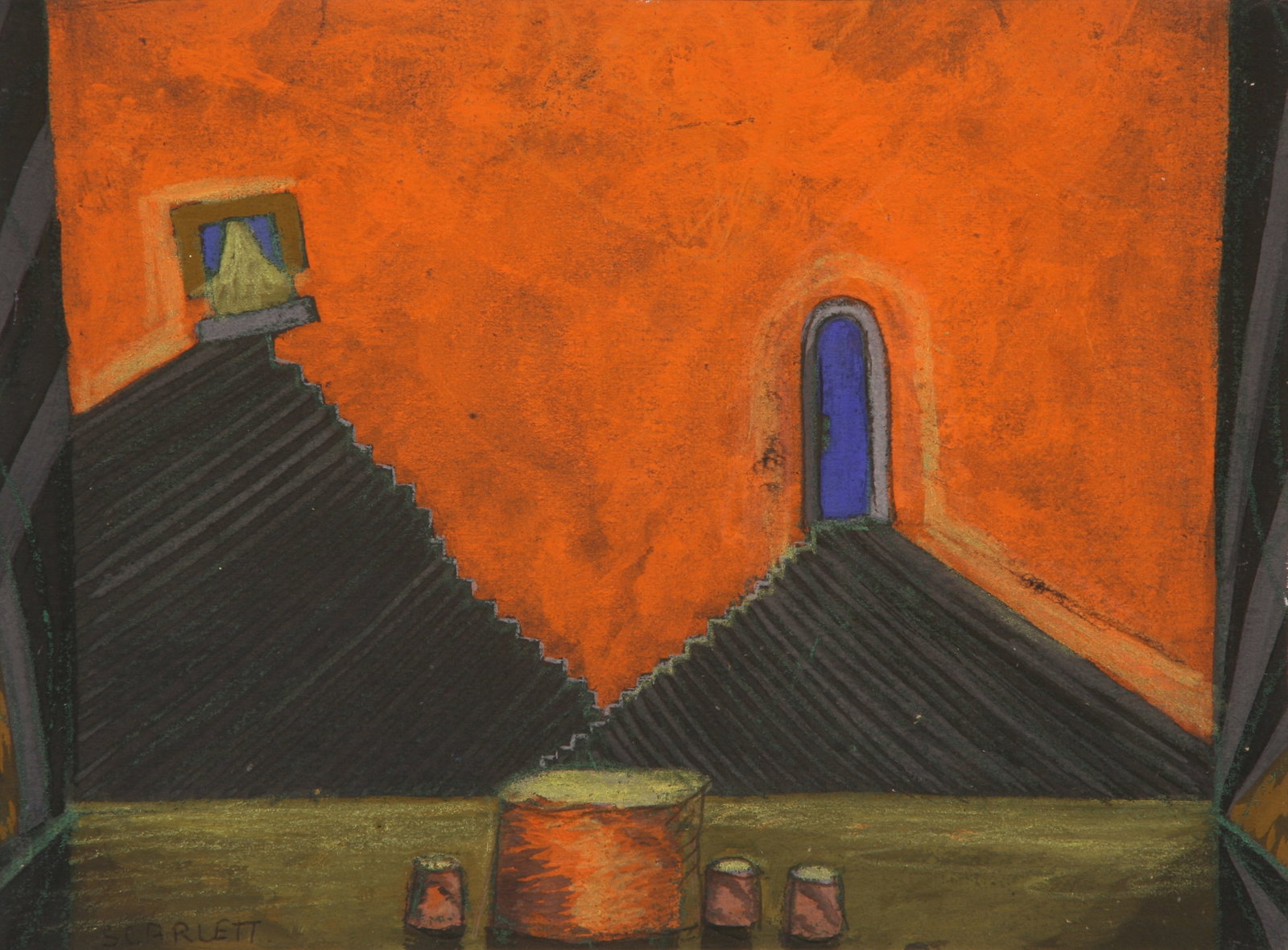 Rolph Scarlett (Canadian, 1889 - 1984): Stage Set Design"; c. 1930; Gouache on Paper; 6.5" x 8.5"; Signed "Scarlett" Lower Left; Framed (under glass); Note: Inscribed lower right "1/4 Gray #2 / 4 Silver.
