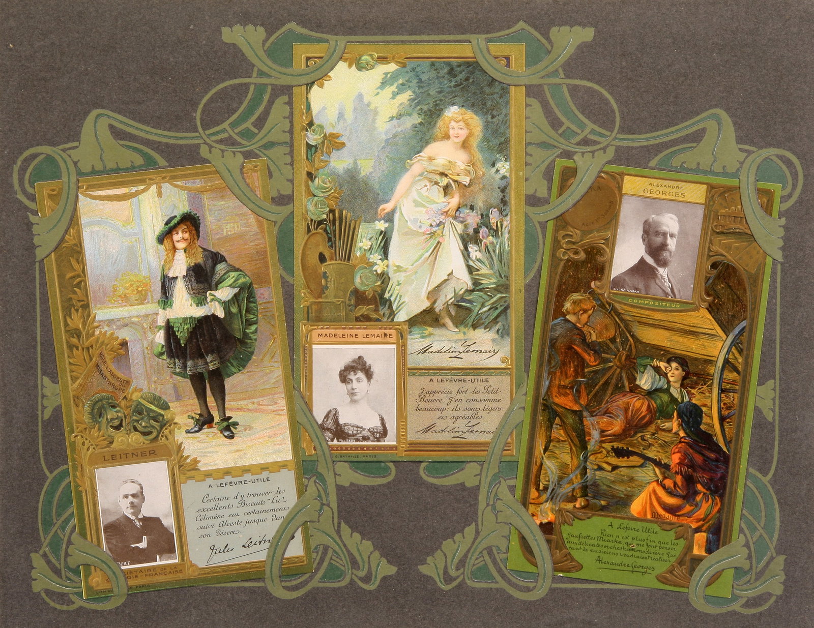 Celebrity Trading Cards for Lefèvre-Utile: "Jules Leitner", "Madeleine Lemaire", and "Alexandre Georges"; c. 1901; Embossed Chromolithograph; 10.25" x 13.25"; Each Signed in Plate; Framed (under glass); Note: Issued by the company in 1901 as