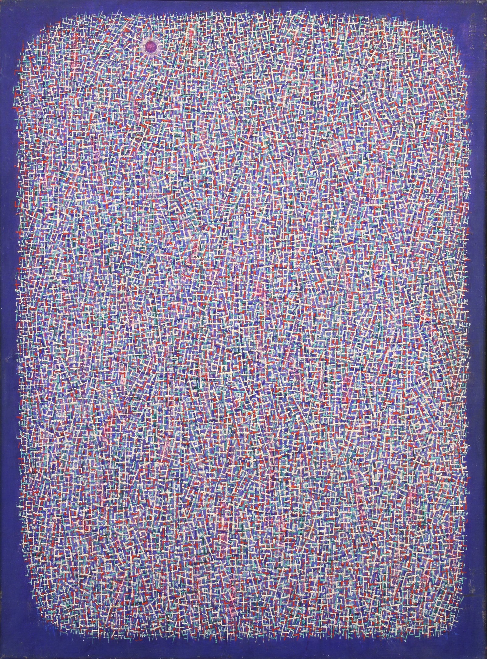 Elaine Wesley (American, 1923 - 2007): "Maze Pattern with Blue Border"; 1982; Oil on Canvas; 30" x 22"; Estate Stamp on Verso; Framed.