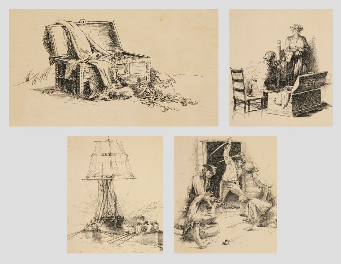 Anton Otto Fischer (German-American, 1882 - 1962): LOT OF FOUR INK ILLUSTRATIONS (c. 1930s) BY ANTON OTTO FISCHER FOR "TREASURE ISLAND": A. "Content"; 4.5" x 8"; Initialed "A.O.F." Lower Left; Unframed / B. "Page 41"; 8" x 7"; Unsigned; Unframed / C.