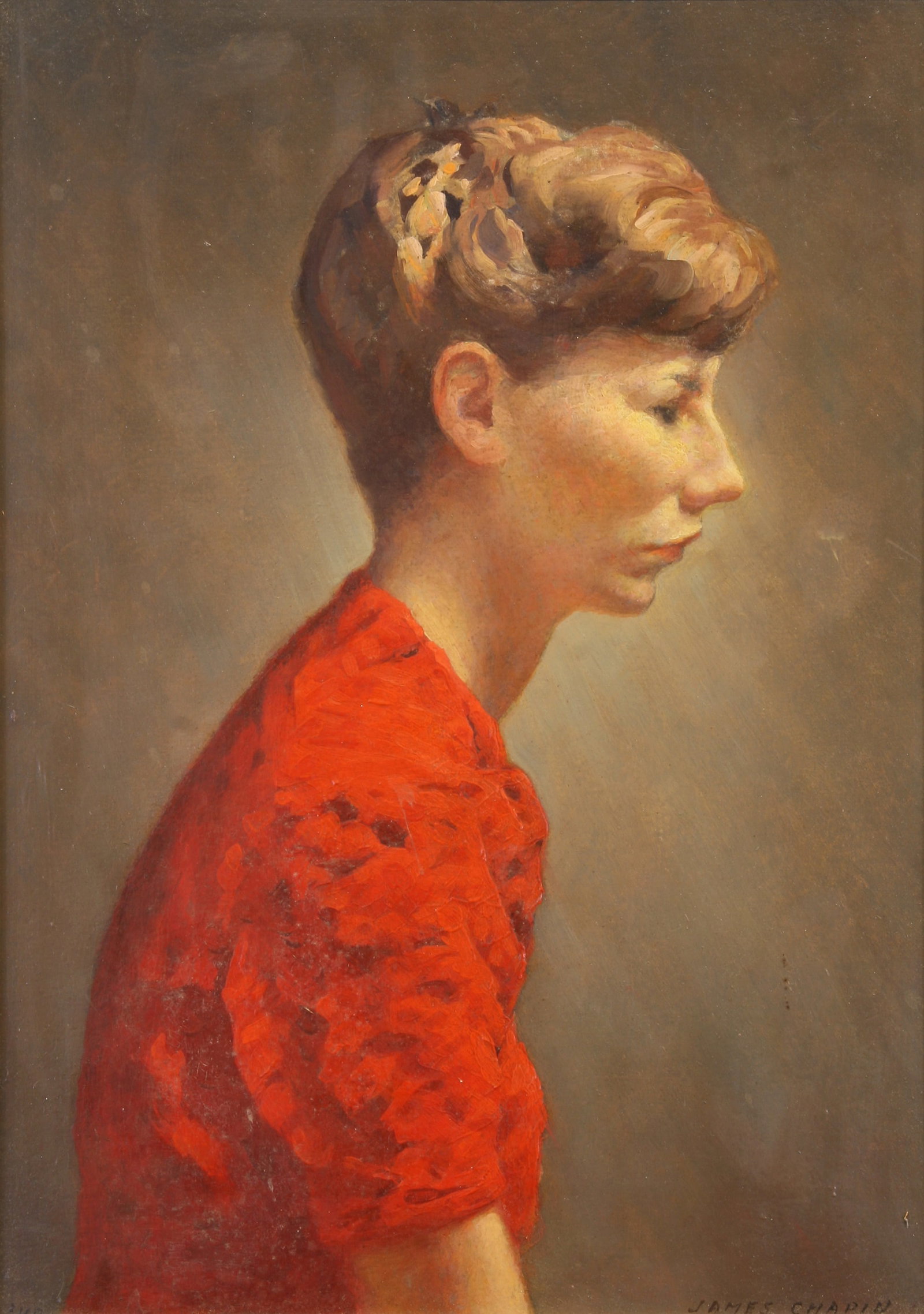 James Chapin (American, 1887 - 1975): Profile - Red Blouse"; 1940; Oil on Board; 17.25" x 12.5"; Signed "James Chapin" Lower Right; Framed; Note; Inscribed on verso "Profile by James Chapin / Glen Gardiner, N.J. / 1940