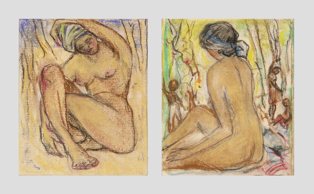 Zulma Steele (American, 1881 - 1979): LOT OF TWO PASTELS BY ZULMA STEELE: A. "Seated Nude with Green Head Scarf"; c. 1940s; Pastel on Paper; 4.75" x 4"; Estate Stamp on Verso; Unframed / B. "Seated Nude"; c. 1940s; Pastel on Paper; 4.75"