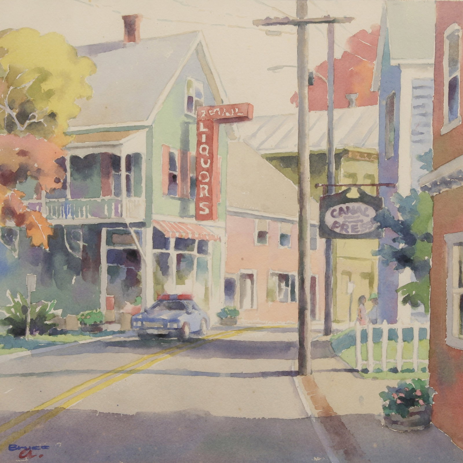 Bruce Ackerman (American, 1935 - 2025): "Main Street, Rosendale (NY) with Cops"; n.d.; Watercolor on Paper; 14" x 14"; Signed "Bruce A." Lower Left; Framed (under glass); Note: Titled on verso.