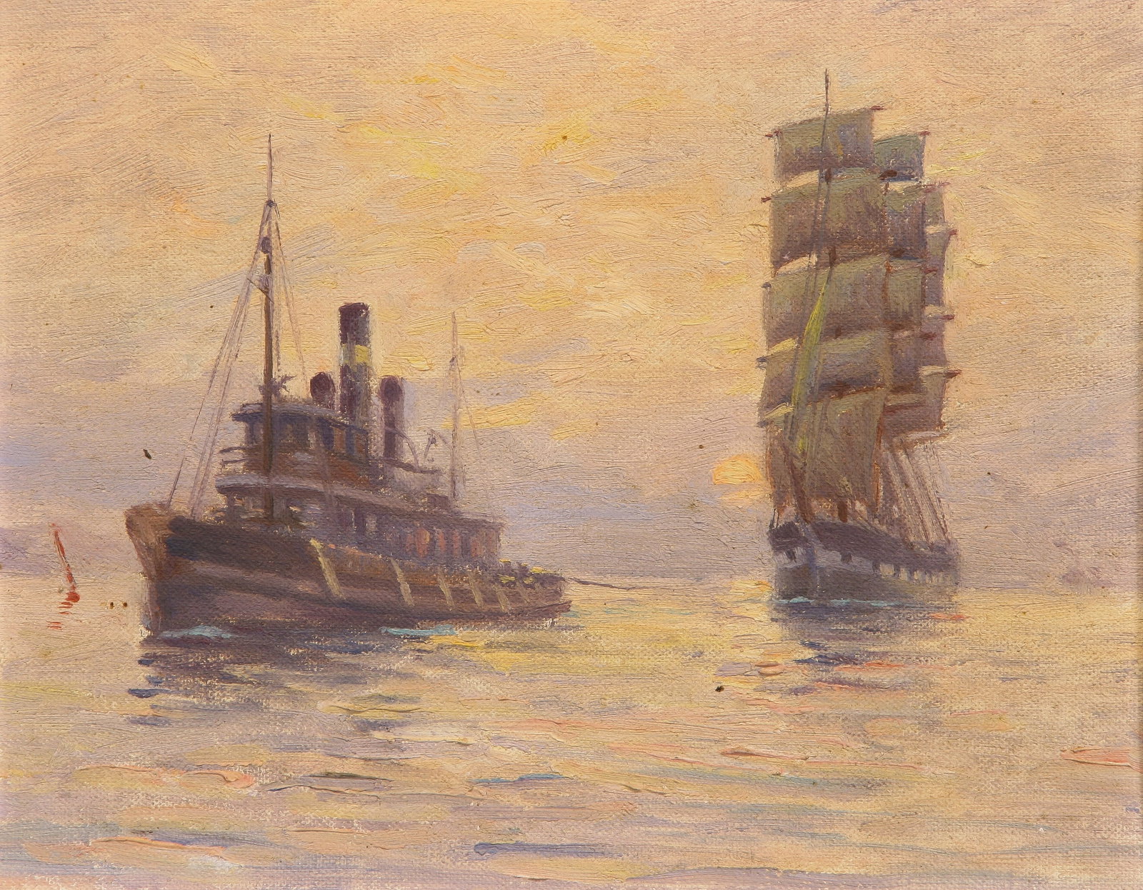 Anton Otto Fischer (American, 1882 - 1962): "Towing A Clipper"; c. 1945; Oil on Canvas Board; 6.75" x 8.75"; Unsigned; Framed; Provenance: From the artist's daughters estate, Katrina (Winkie) Sigsbee Fischer; James Cox Gallery at Woodstock,