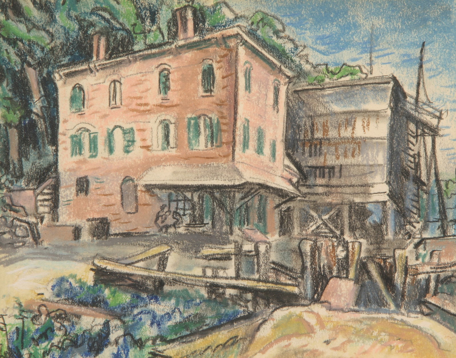 Earle B. Winslow (American, 1884 - 1969): "Chain Ferry Terminal Opposite Kingston - Fleithsburg, NY"; c. 1930; Pastel on Paper; 4.75" x 6"; Unsigned; Framed (under glass); Note: Titled on verso.