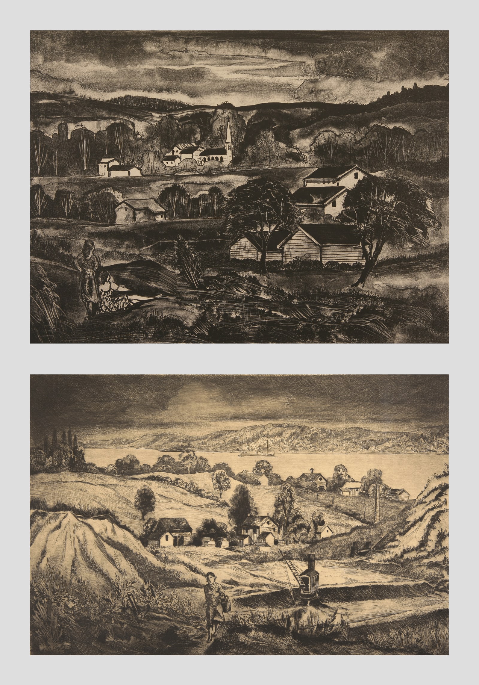 Emil Ganso (German - American, 1895 - 1941): LOT OF TWO: A. "Bearsville Meadow" - Edition 2/35; c. 1928; Lithograph and Chine Collé; 11" x 15"; Signed "Ganso" Lower Right; Unframed / B. "East Kingston" - Edition of 35"; c. 1930; Etching; 10" x 
