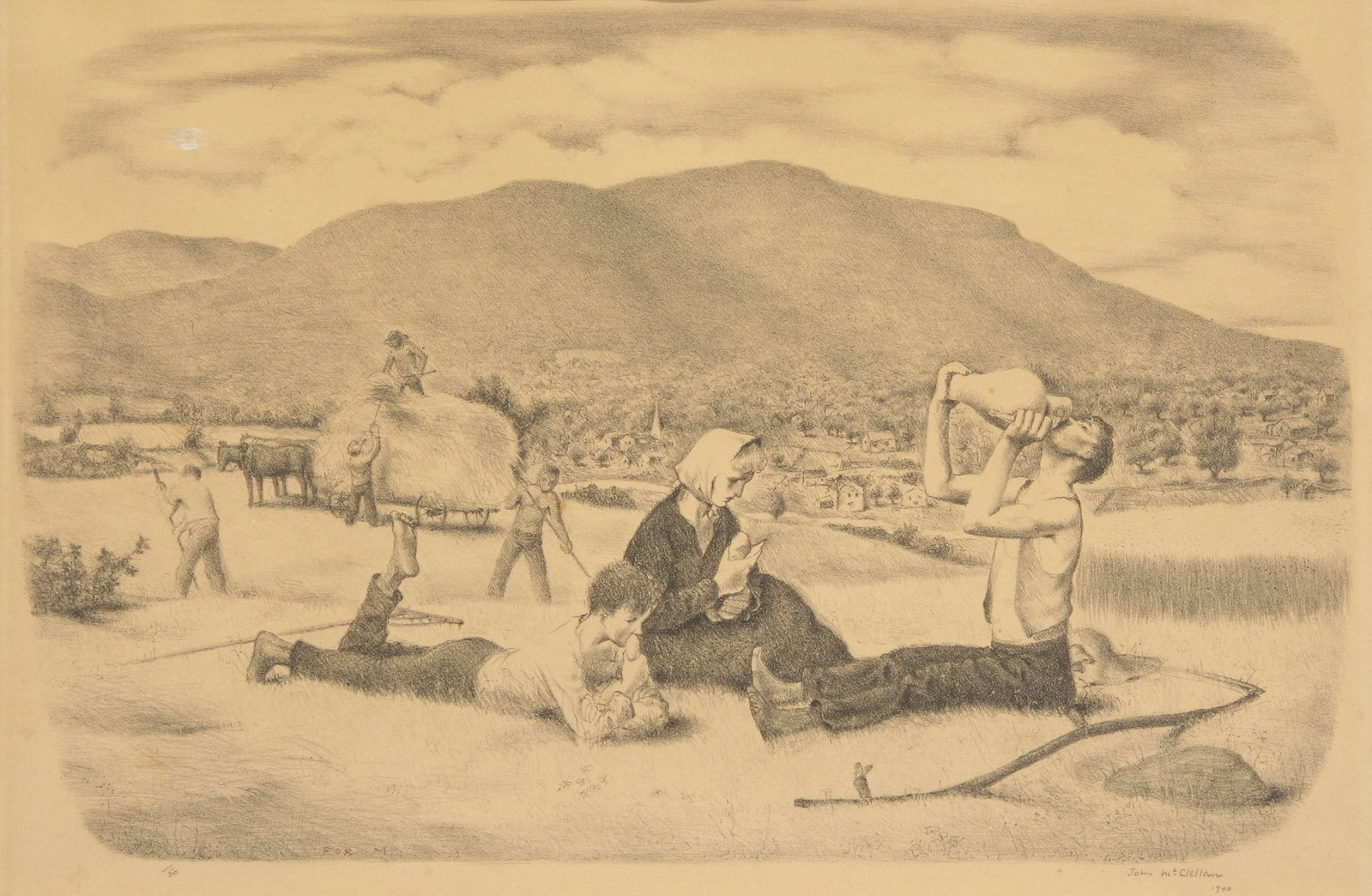 John McClellan (American, 1908 - 1986): "A World at Peace"; 1940; Lithograph; 9.25" x 14"; Signed "John McClellan" Lower Right; Framed (under glass); Note: Inscribed "For M" lower left in plate.
