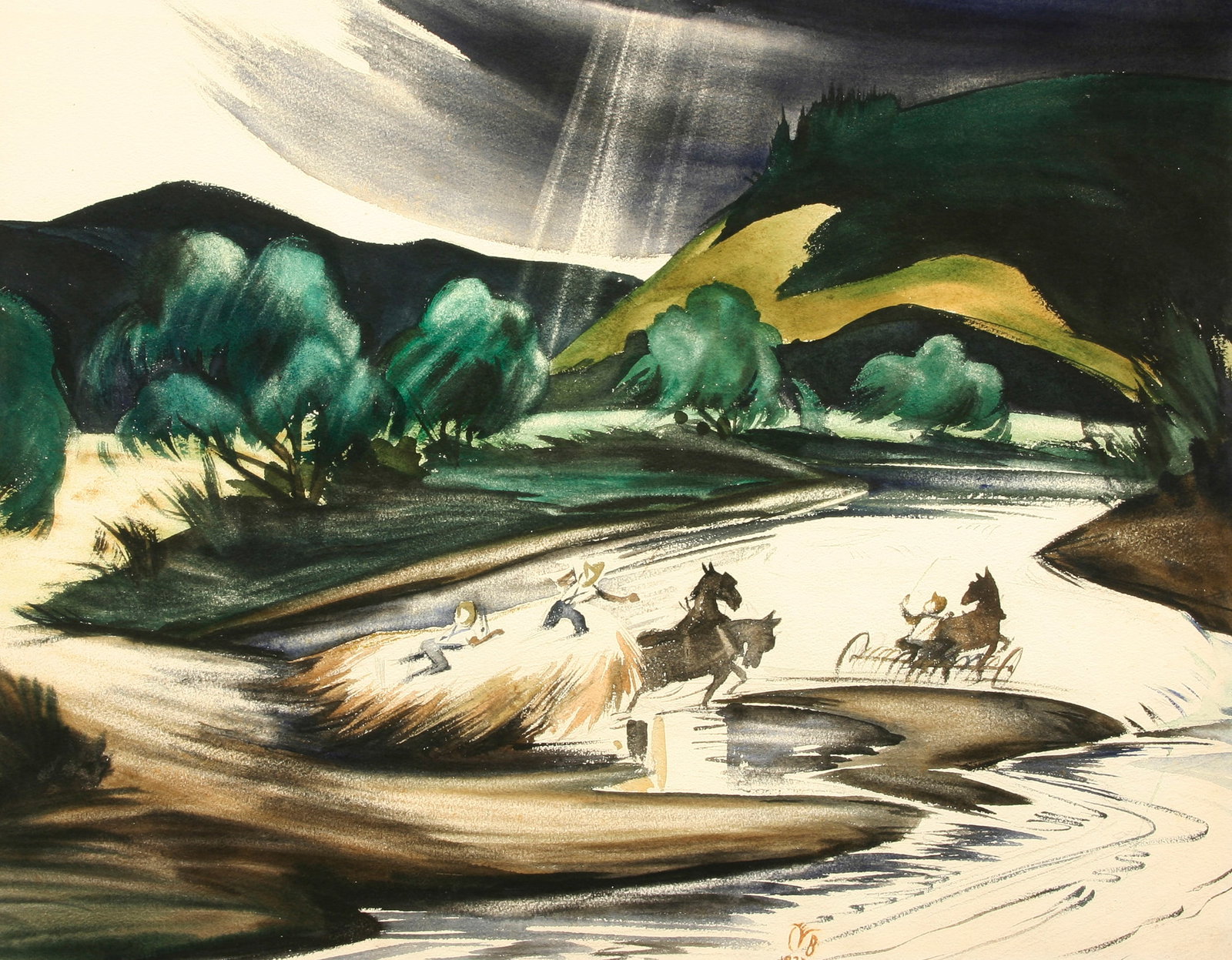 Charles Burchfield (American, 1893 - 1967): "Hay Wagons"; 1933; Watercolor on Paper; 21.5" x 27.5"; Artist Monogram Lower Center; Framed (under plexiglass); Note: Double sided. Provenance: Martha Jackson Gallery, New York. Painting was inherite