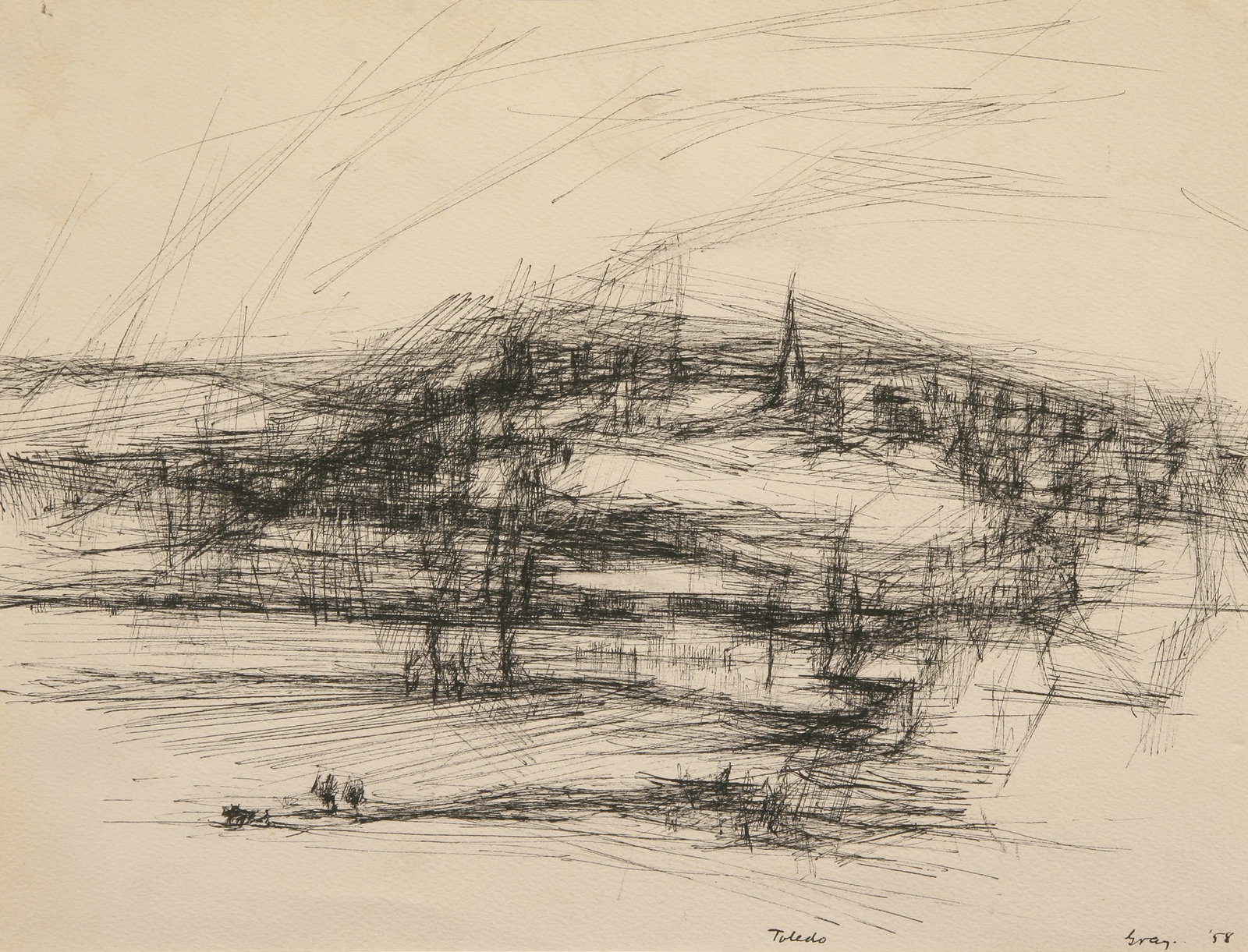 Cleve Gray (American, 1918 - 2004): "Toledo"; 1958; Ink on Paper; 10.5" x 13.75"; Signed "Gray" Lower Right; Unframed.