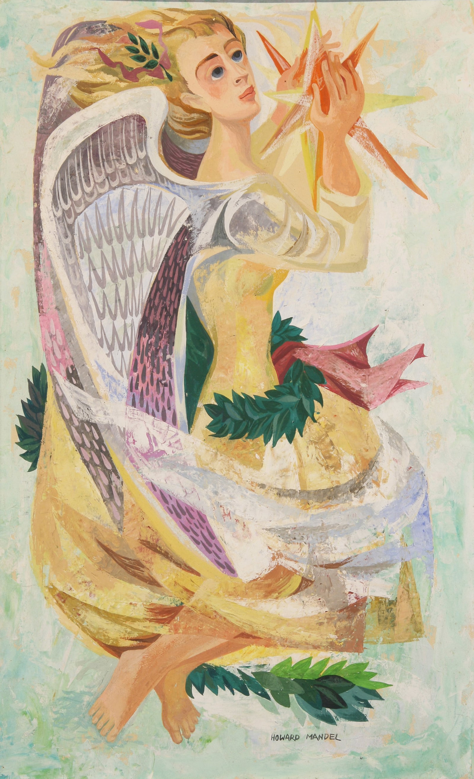 Howard Mandel (American, 1917 - 1999): "Christmas Angel"; c. 1970s; Acrylic on Board; 15.5" x 9.5"; Signed "Howard Mandel" Lower Right; Framed.