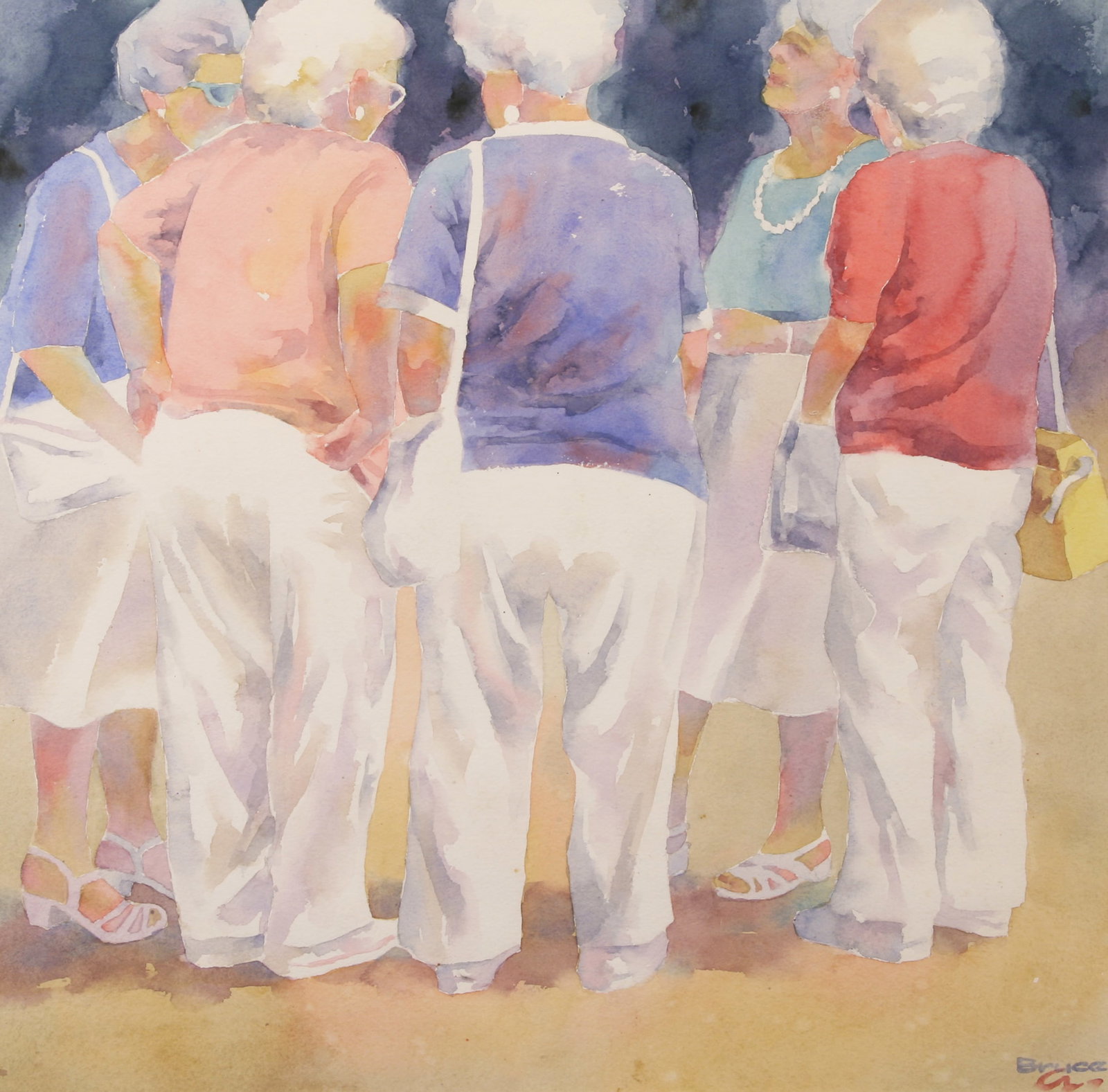 Bruce Ackerman (American, 1935 - 2025): "White Ladies"; n.d.; Watercolor on Paper; 17" x 17.75"; Signed "Bruce A." Lower Right; Framed (under glass); Note: label on verso.