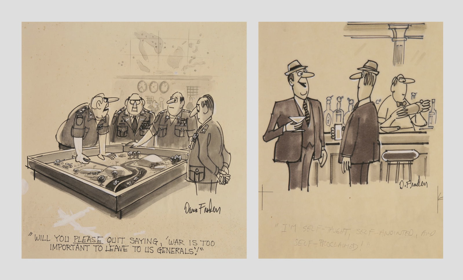 Dana Fradon (American, 1922 - 2019): LOT OF TWO ORIGINAL "THE NEW YORKER" CARTOONS BY DANA FRADON (AMERICAN, 1922 - 2019): A. "I am self-taught, self-anointed, and self-proclaimed!"; 1979; Ink on Paper; 6.5" x 6.5"; Signed "D. Fradon"