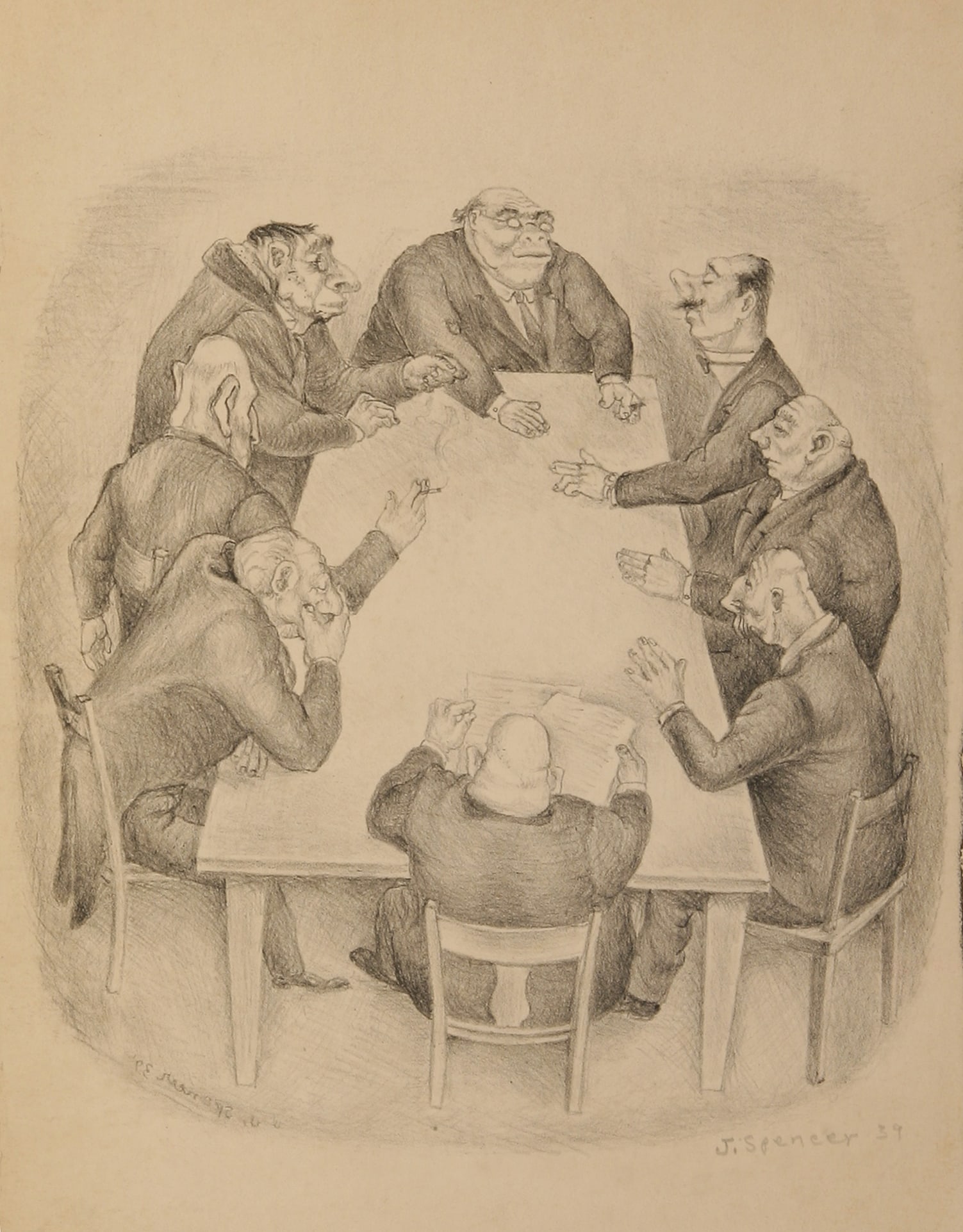 J. Spencer: "The Economists"; 1939; Lithograph; 12.5" x 9.25"; Signed "J. Spencer" Lower Right; Unframed.
