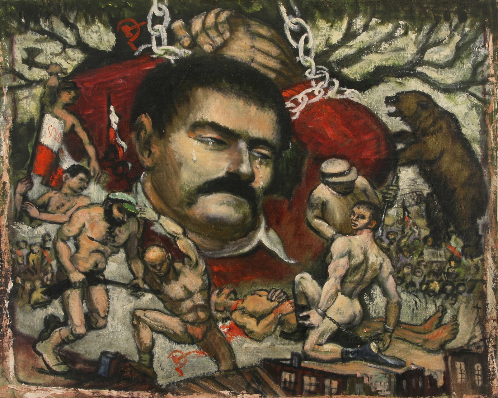 Albert Pels (American, 1910 - 1998): "Poland (as Lech Wa??sa) Held in Bondage"; 1982; Oil on (unstretched) Canvas; 17" x 20.25"; Unsigned; Unframed; Note: Titled in margins.