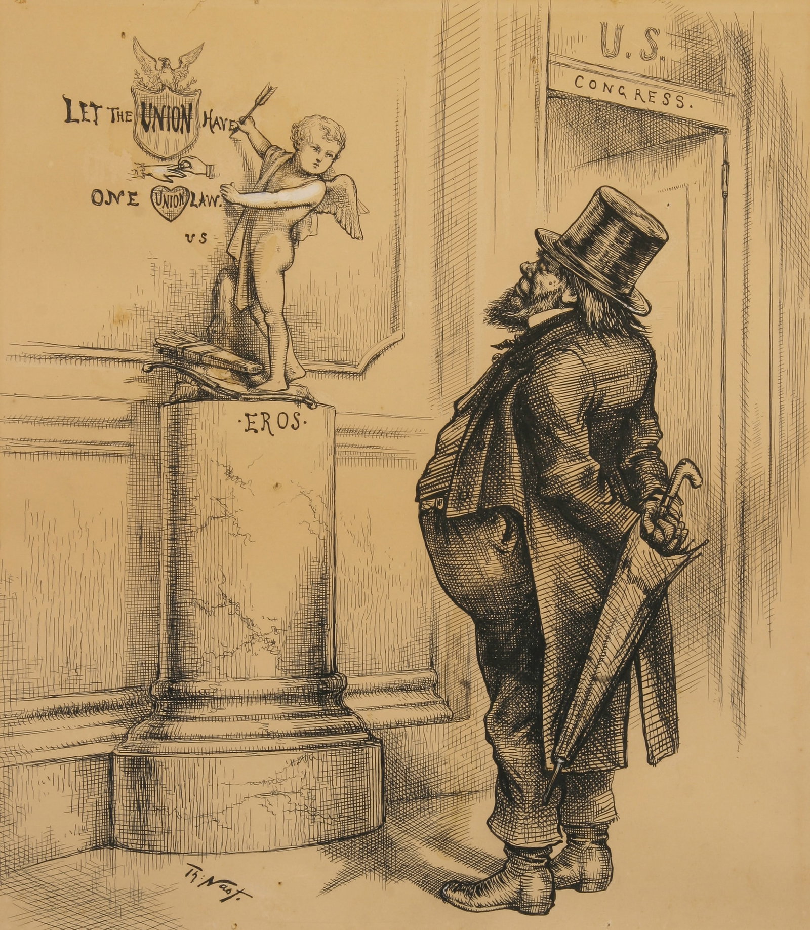 Thomas Nast (German-American, 1840 - 1902): "Let The Union Have One Union Law"; n.d.; Ink on Paper; 15" x 13"; Signed "Th Nast" Lower Left; Framed (under glass).