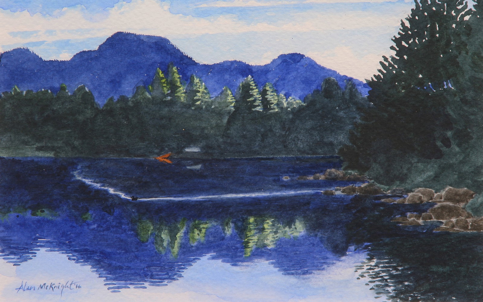 Alan McKnight (American, b. 1936): "Drake's Wake - Lewey Lake, Adirondacks, NY"; 2016; Watercolor on Paper; 5" x 7.75"; Signed "Alan McKnight" Lower Left; Framed (under glass); Note: Signed, titled, and dated on verso.