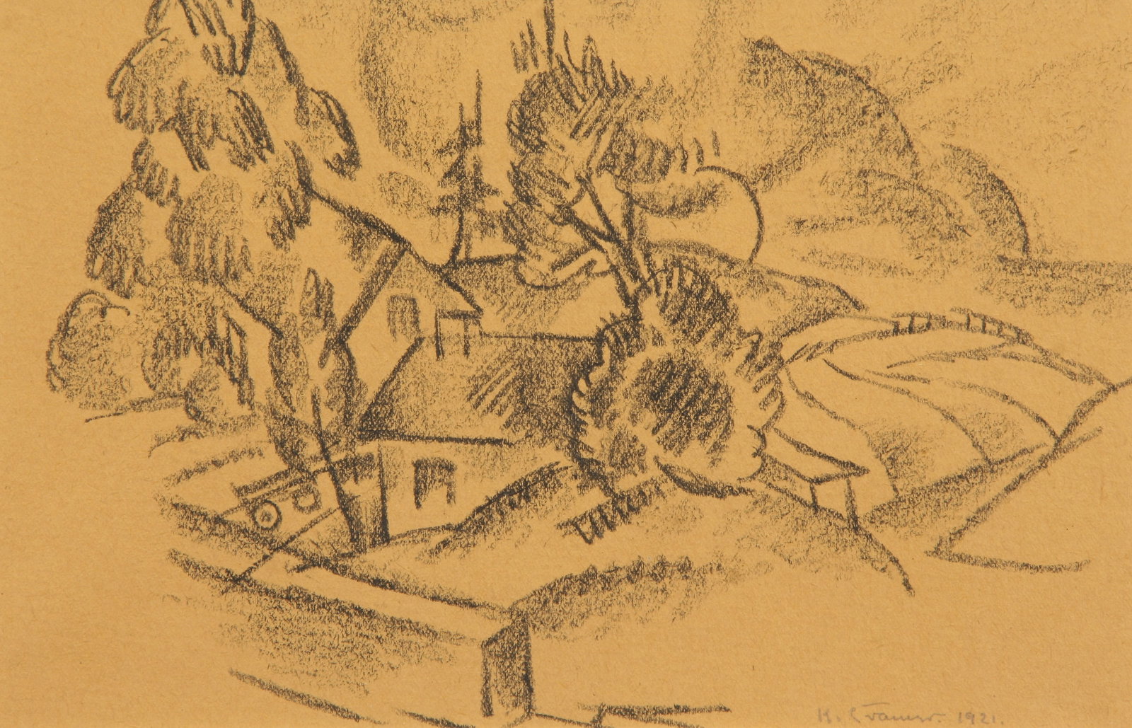 Konrad Cramer (German-American, 1888 - 1963): "Landscape"; 1921; Charcoal on Paper; 5.75" x 8.75"; Signed "K. Cramer" Lower Right; Framed (under glass); Note: "Fletcher Gallery - Woodstock, NY" label on verso. Estate stamp on verso.