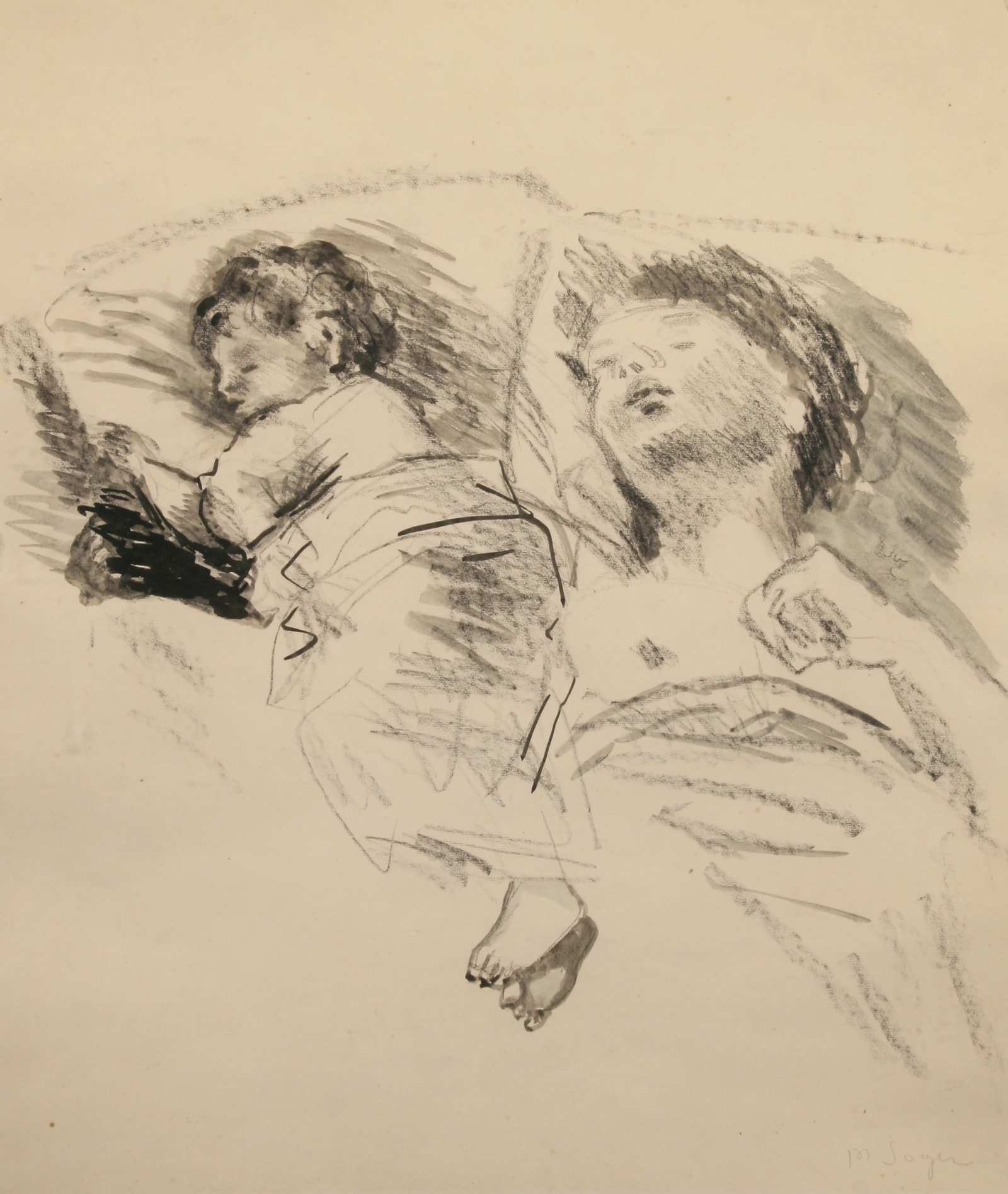 Moses Soyer (American, 1899 - 1974): "Mother and Child Sleeping"; c. 1975; Ink on Paper; 20" x 16.75"; Signed "M. Soyer" Lower Right; Framed (under glass).