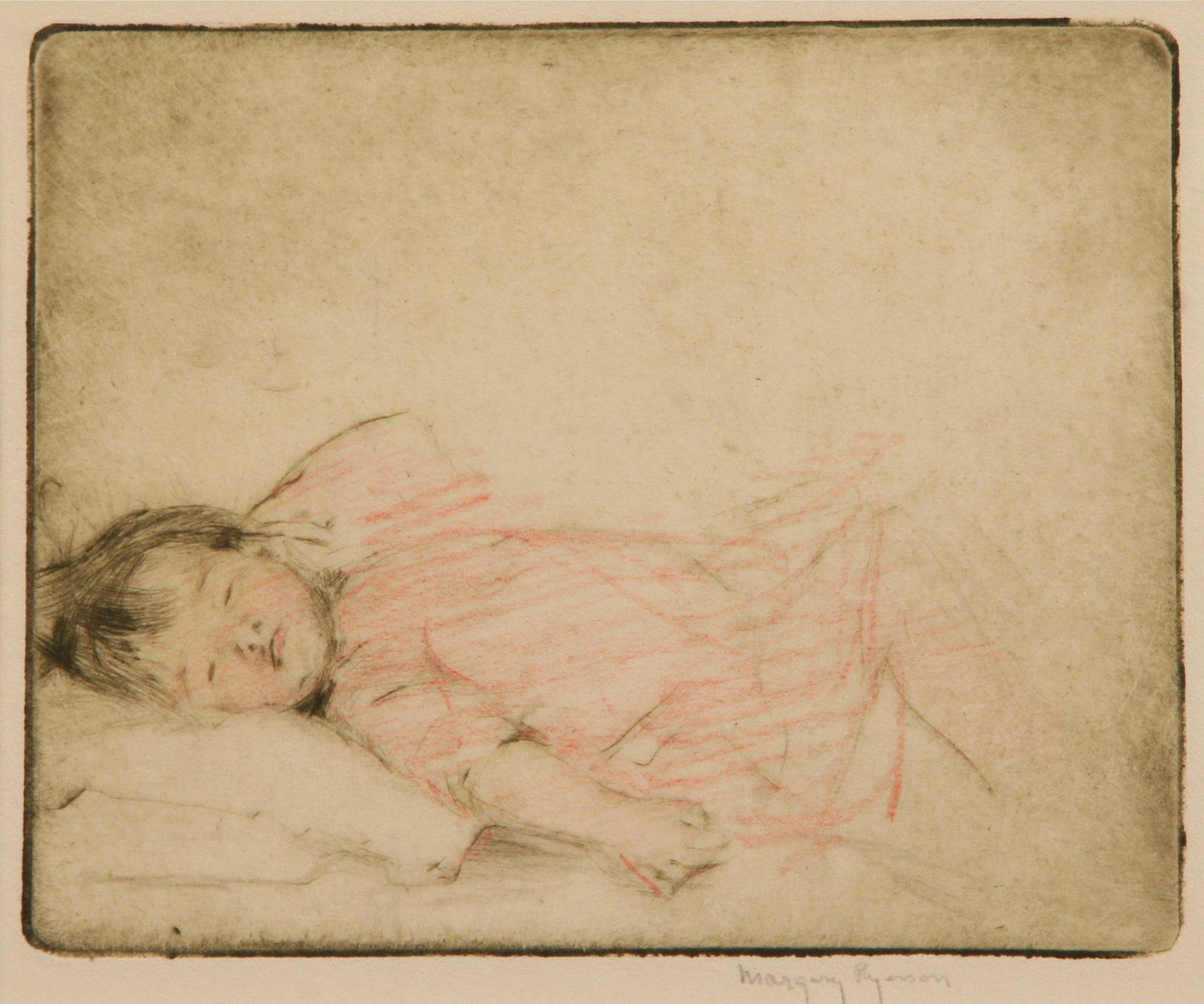 Margery Ryerson (American, 1886 - 1989): "Fast Asleep, Sound Asleep"; c. 1925; Etching with Colored Pencil; 4" x 5"; Signed "Margery Ryerson" Lower Right; Unframed.