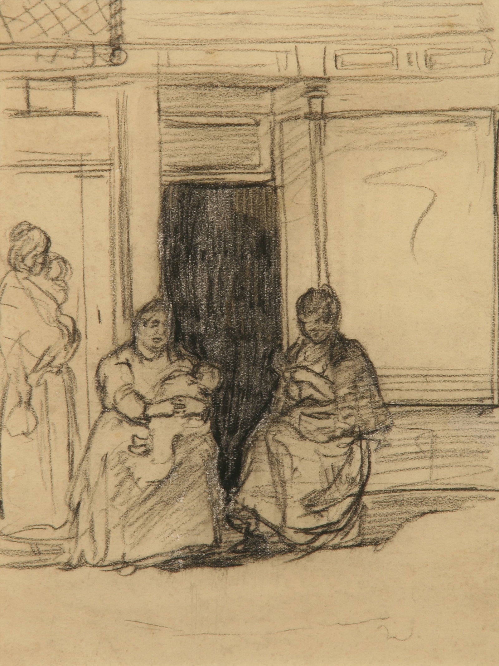 Jerome Myers (American, 1867 - 1940): Women with Babies"; c. 1920s; Graphite on Paper; 6.75" x 5"; Signed on Verso; Framed (under glass); Note: "Kraushaar Galleries, Inc. - New York, NY" label on verso. Inscribed on verso "Signed -