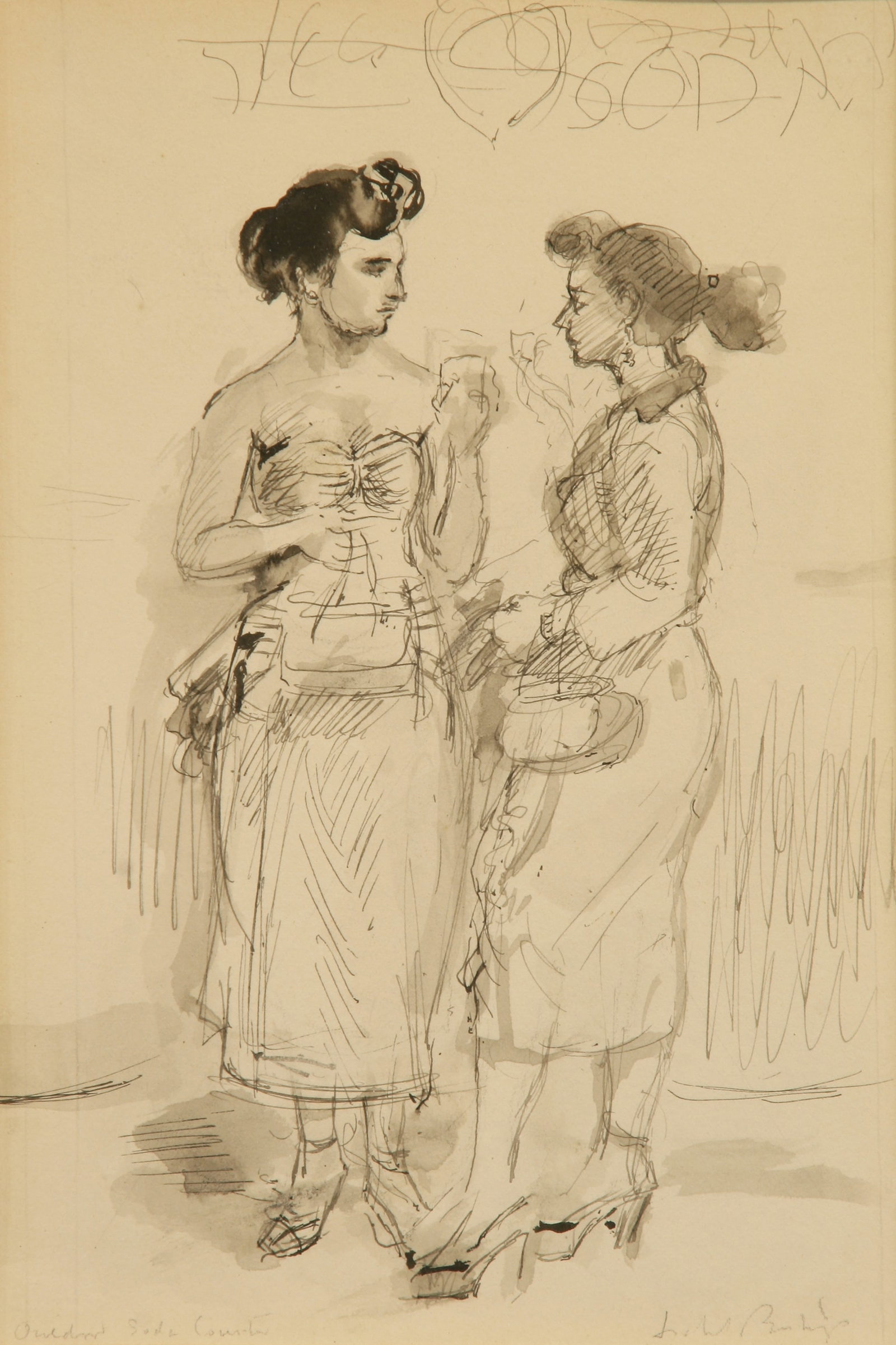 Isabel Bishop (American, 1902 - 1988): "Outdoor Soda Counter"; c. 1950; Ink on Paper; 8.5" x 5.5"; Signed "Isabel Bishop" Lower Right; Framed (under glass).