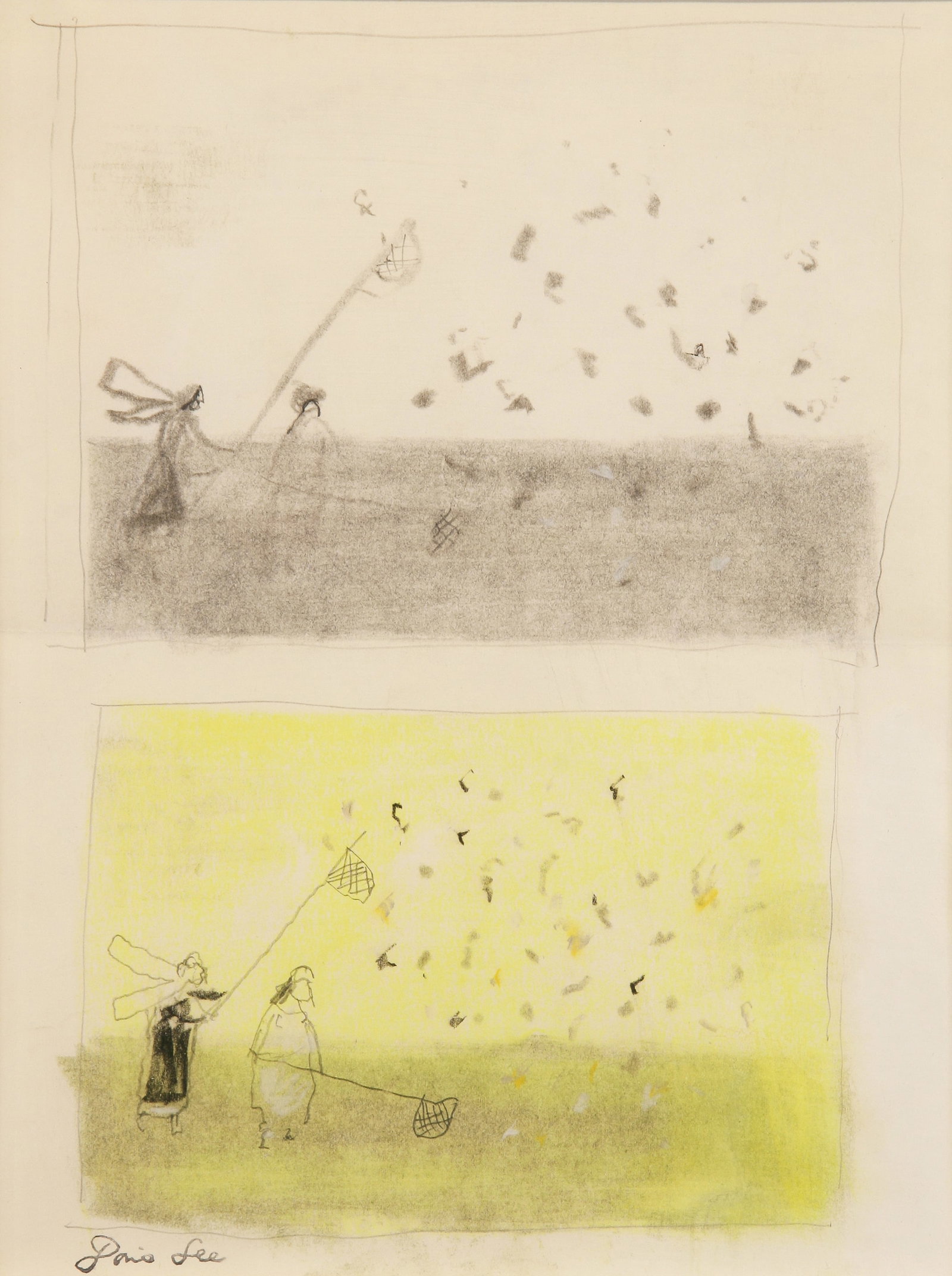 Doris Lee (American, 1904 - 1983): Study for "Butterfly Catchers"; c. 1950; Pastel and Graphite on Paper; 10.5" x 8"; Estate Stamp Lower Left; Framed (under plexiglass).