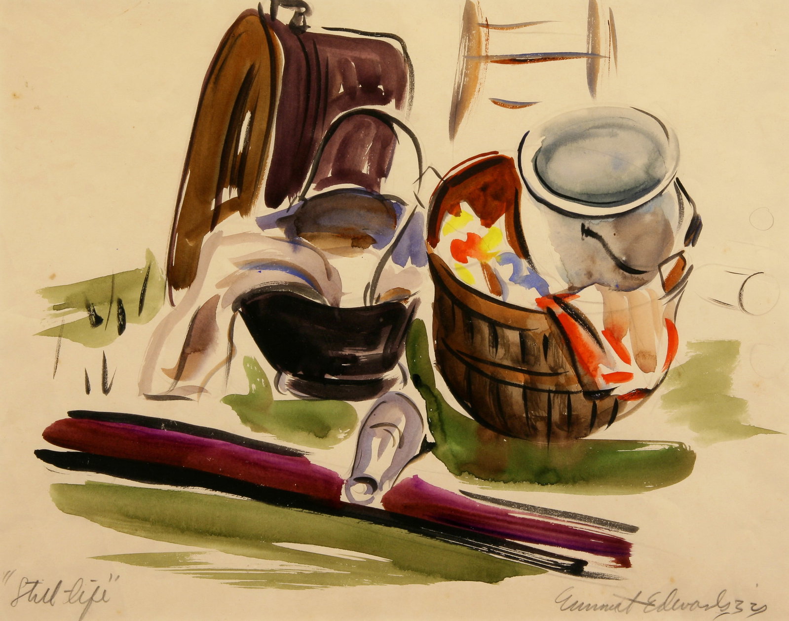 Emmett Edwards (American, 1906 - 1981): "Still Life"; 1932; Watercolor on Paper; 12.25" x 15.5"; Signed "Emmett Edwards" Lower Right; Framed (under glass); Note: titled lower left.