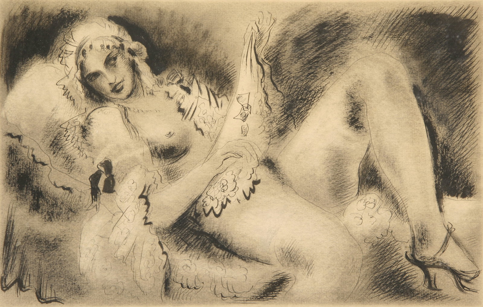Konrad Cramer (German-American, 1888 - 1963): "Reclining Nude with Handkerchief"; c. 1926; Lithograph; 9" x 14"; Signed on Verso by Aileen Cramer (artists daughter); Framed (under glass); Note(s): Daily Freeman Newspaper Obituary for Aileen B.