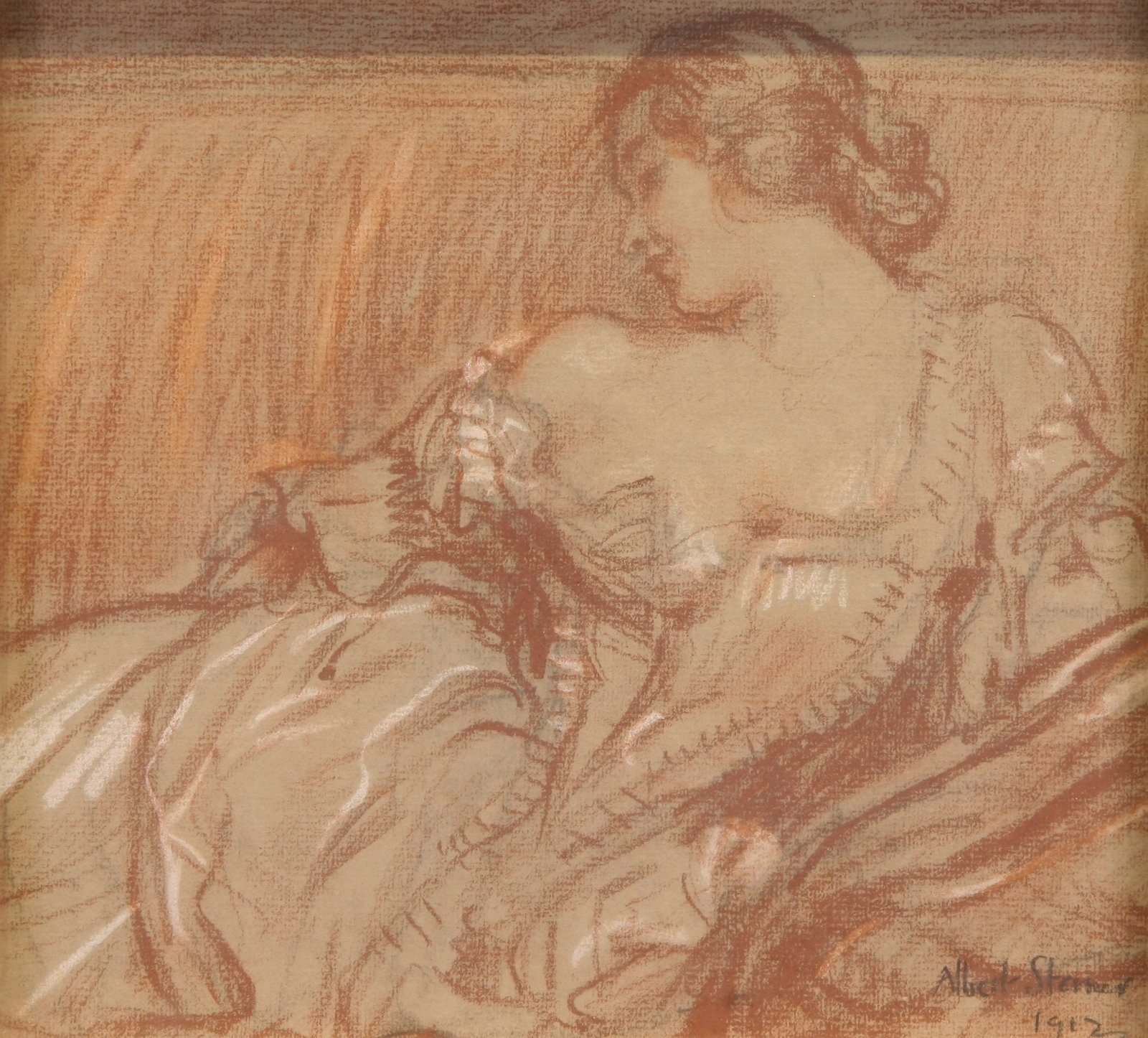 Albert Sterner (British-American, 1863 - 1946): "Doux Espoir"; 1912; Sanguine and White Chalk on Paper; 7.75" x 8.5"; Signed "Albert Sterner" Lower Right; Framed (under glass); Notes: Various labels on verso, including "Grand Central Art Galleries 