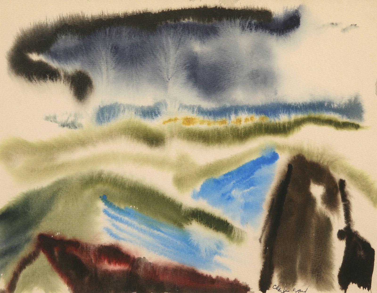 Charles William Ward (American, 1900 - 1962): "Landscape"; c. 1960; Watercolor on Paper; 9.75" x 12.5"; Signed "Charles Ward" Lower Right; Framed (under glass); Provenance: Estate of the artist.