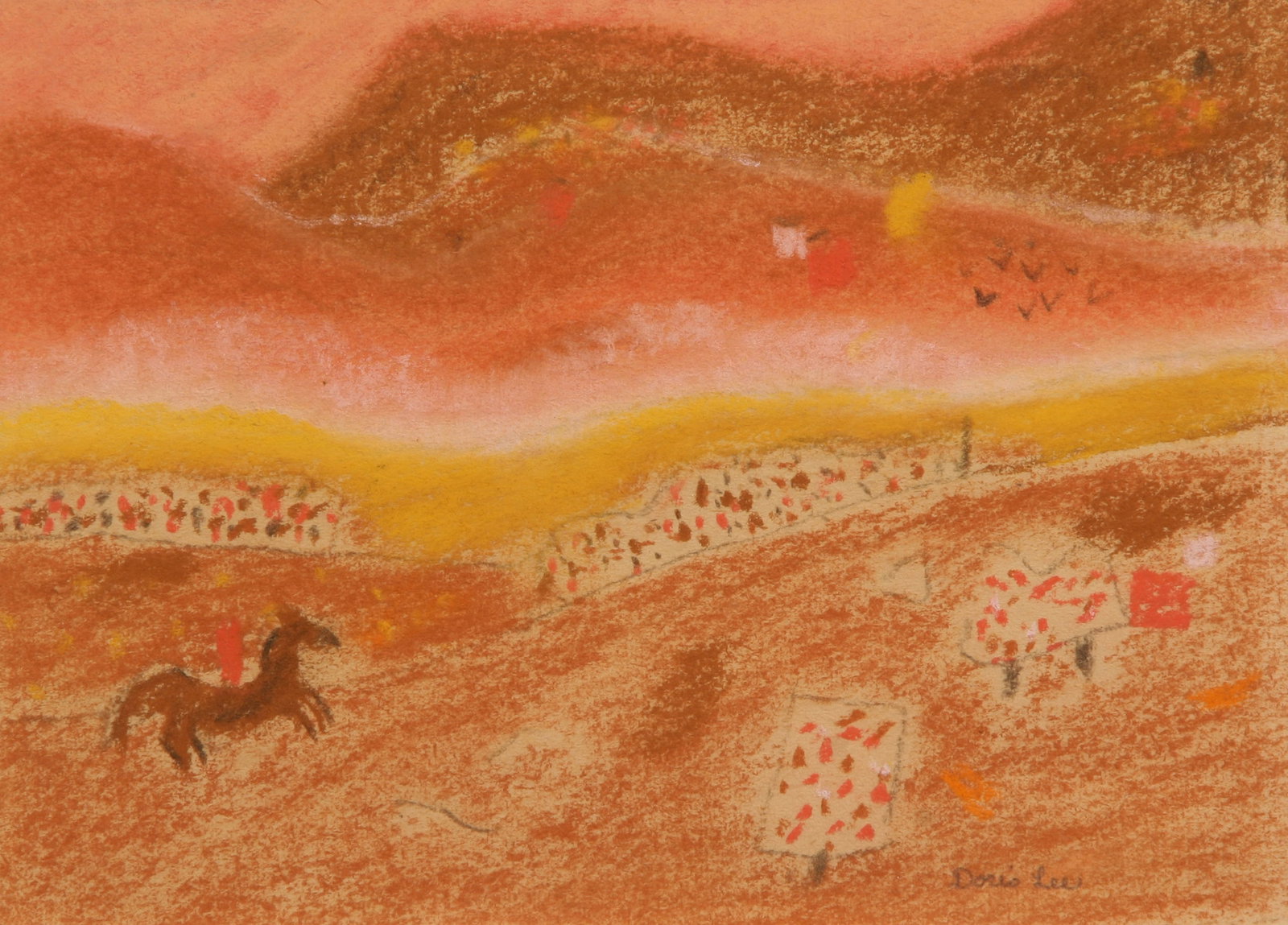 Doris Lee (American, 1904 - 1983): "Brown Horse, Rider, and Landscape"; c. 1940s; Pastel on Paper; 4.75" x 6.75"; Signed "Doris Lee" Lower Right; Framed (under glass); Note: This lot is accompanied by preparatory pencil sketch.