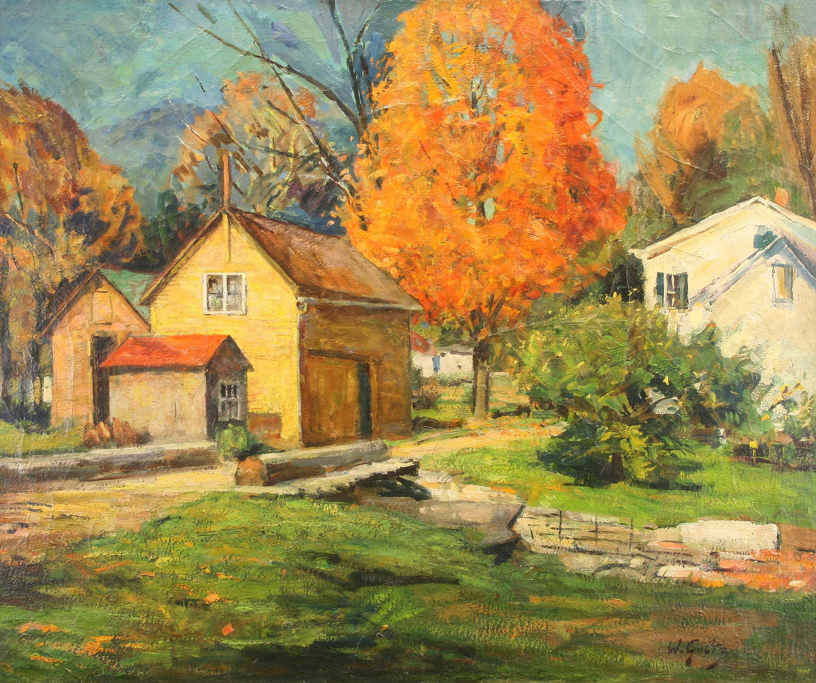 Walter Goltz (American, 1875 - 1956): "Houses in Autumn"; c. 1950; Oil on Canvas; 24.75" x 29.75"; Signed "W. Goltz" Lower Right; Framed.