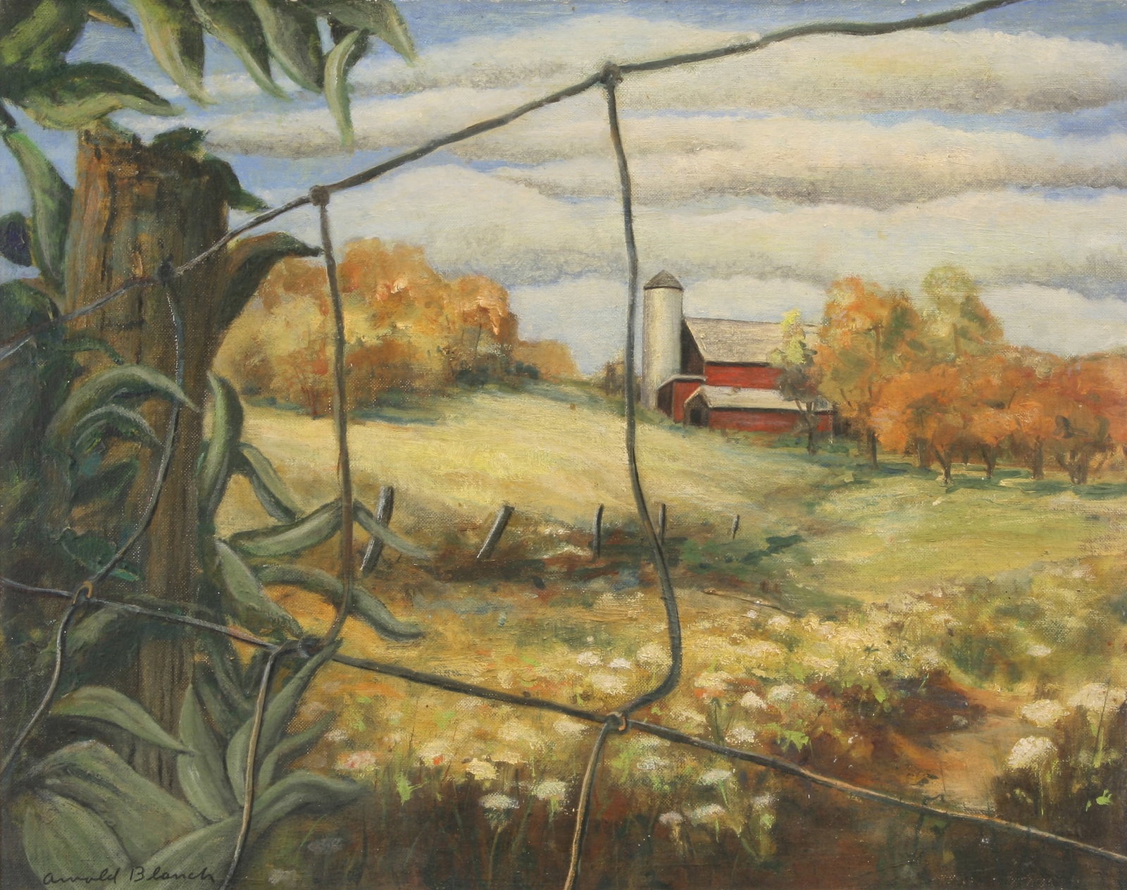 Arnold Blanch (American, 1896 - 1968): "Autumn Farm"; c. 1940; Oil on Canvas Board; 15.5" x 19.5"; Signed "Arnold Blanch" Lower Left; Framed; Note: Titled on verso. "Woodstock School of Painting - Woodstock, NY" label on verso.