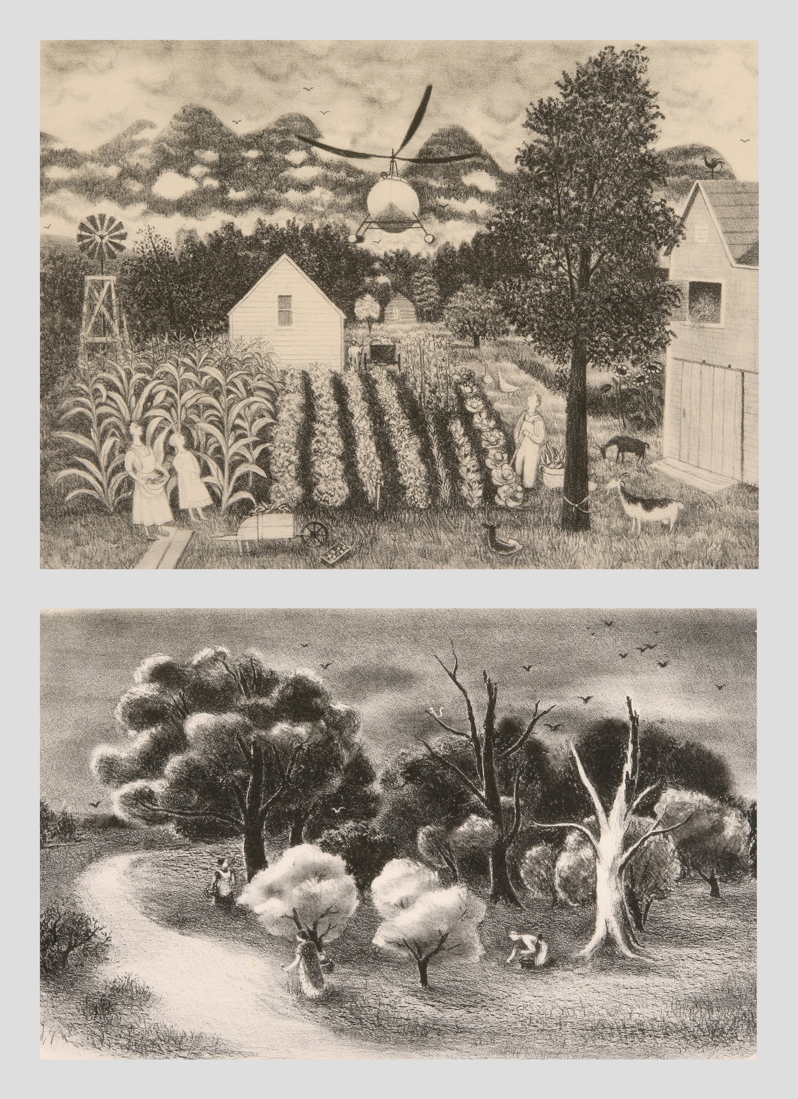 Doris Lee (American, 1905 - 1983): LOT OF TWO LITHOGRAPHS: A. "Strawberry Pickers"; 1938; Lithograph; 8.75" x 12"; Signed "Doris Lee" Lower Right; Framed (under glass) / B. "The Helicopter"; 1948; Lithograph; 8.75" x 12"; Signed "Doris