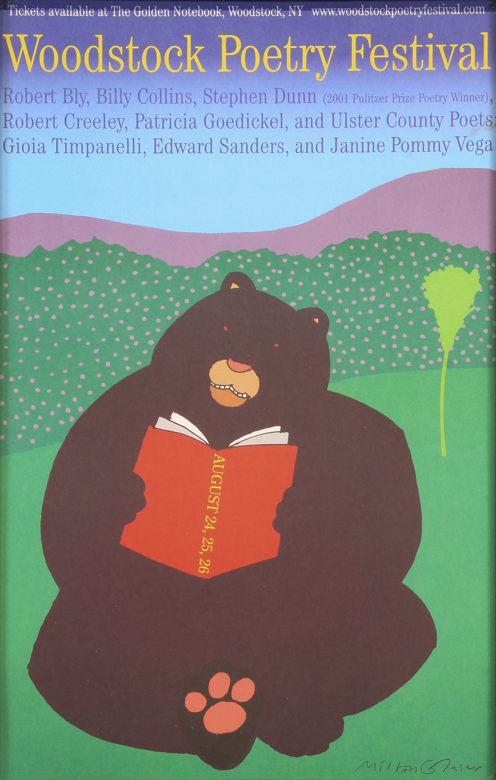 Milton Glaser (American, 1929 - 2020): "Woodstock Poetry Festival"; 2001; Lithograph; 16.5" x 10.5"; Signed "Milton Glaser" Lower Right (in plate); Framed (under glass).