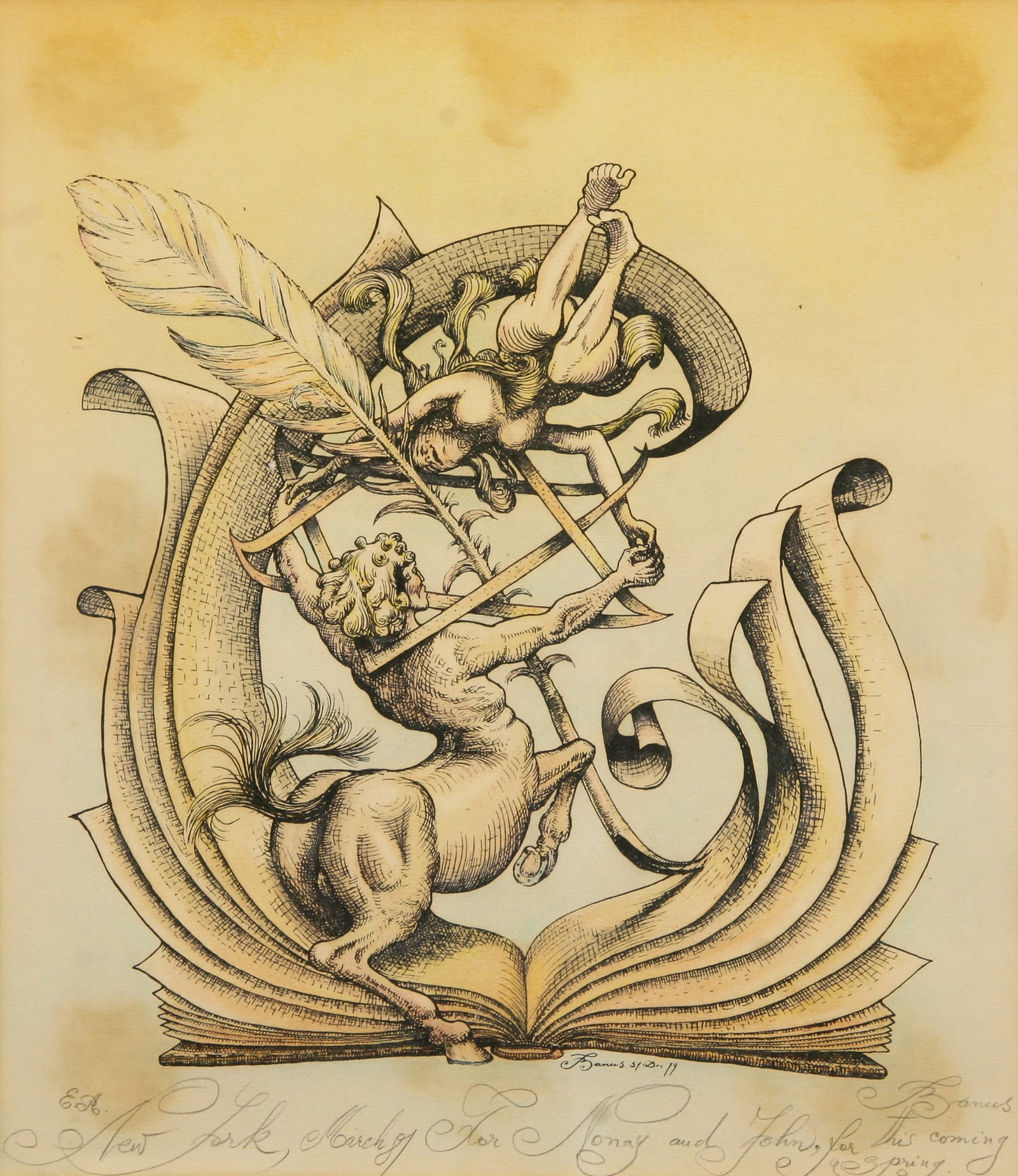 Tudor Banus (Romanian, b. 1947): Untitled" - Edition E.A.; 1979; Etching; 10.5" x 9.25"; Signed "T. Banus" Lower Right; Framed (under glass); Note: Inscribed lower margin "New York, March 87, For Nonay and John, for this coming sprin