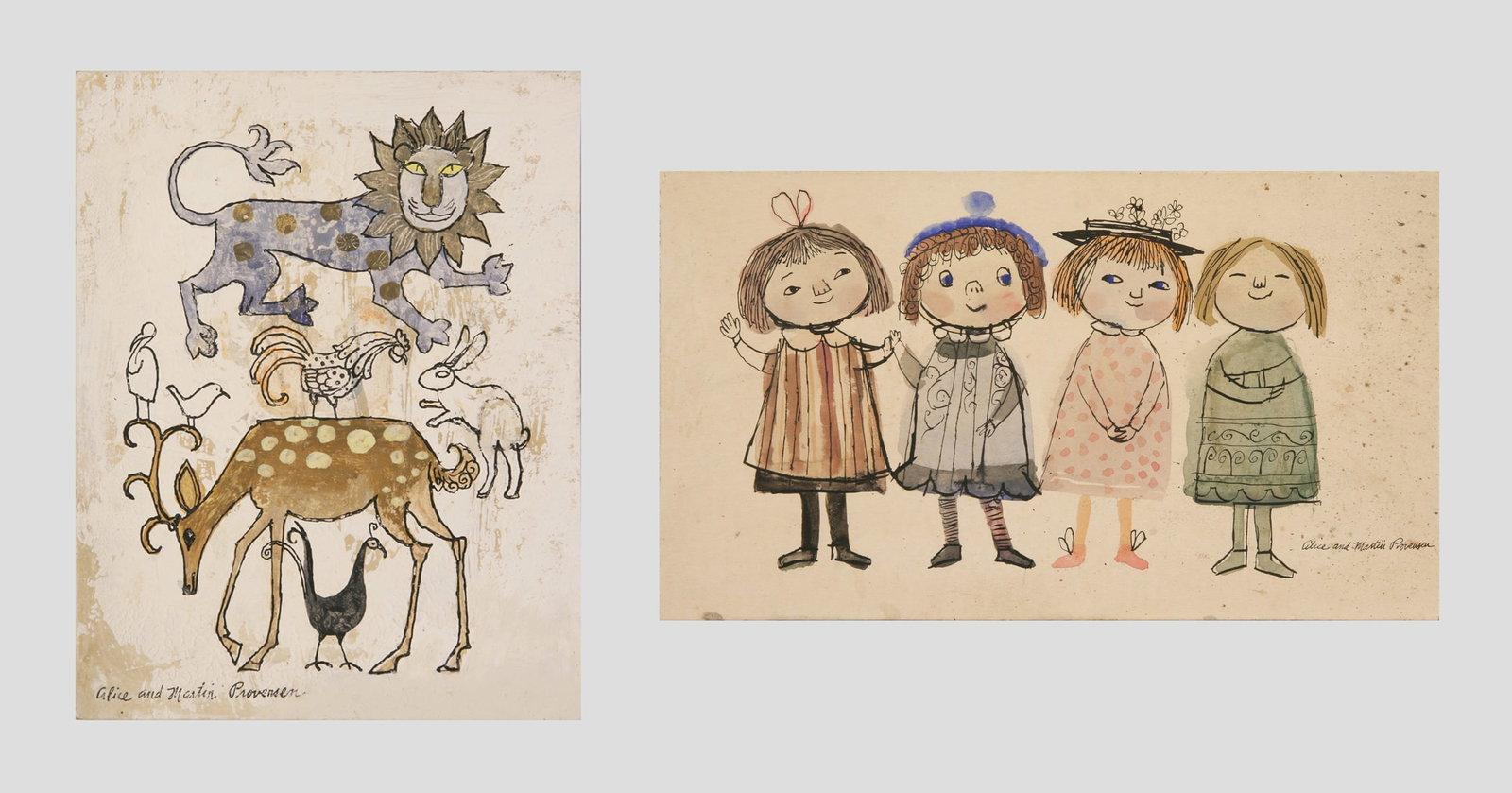 Alice (American, 1918 - 2018) & Martin (American, 1916 - 1987) Provensen: LOT OF TWO ILLUSTRATIONS BY ALICE & MARTIN PROVENSEN: A. "Animals"; n.d.; Gouache on Illustration Board; 10" x 7.75"; Signed "Alice and Martin Provensen"; Unframed / B. "Four Little Girls"; n.d.; Goua