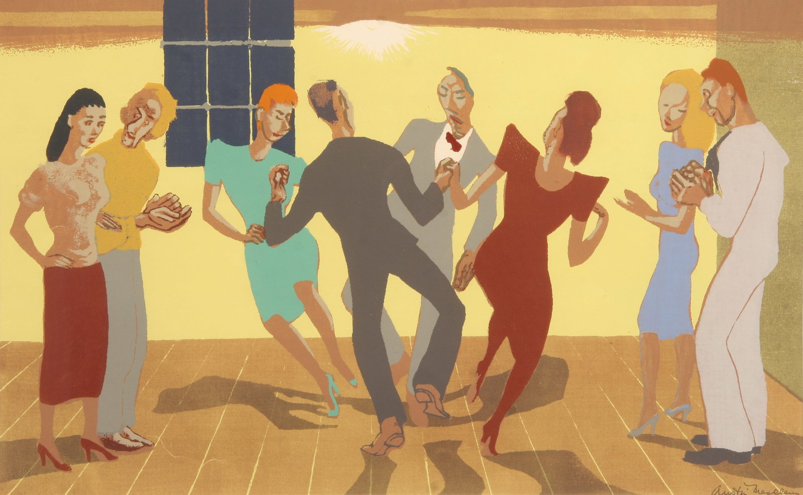 Austin Mecklem (American, 1890 - 1951): "Dance Party"; c. 1950; Serigraph; 10.5" x 16.75"; Signed "Austin Mecklem" Lower (in plate); Framed (under glass).