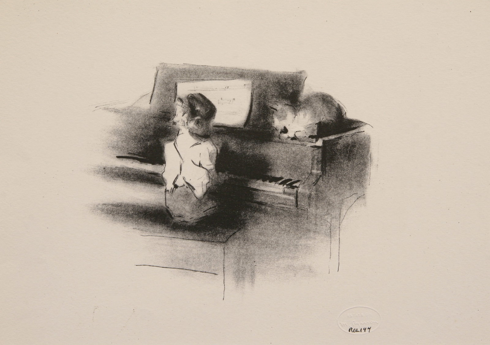 Margery Ryerson (American, 1886 - 1989): "Girl and Cat at the Piano"; c. 1940; Lithograph; 10" x 14"; Estate Blind Emboss Lower Right; Unframed.