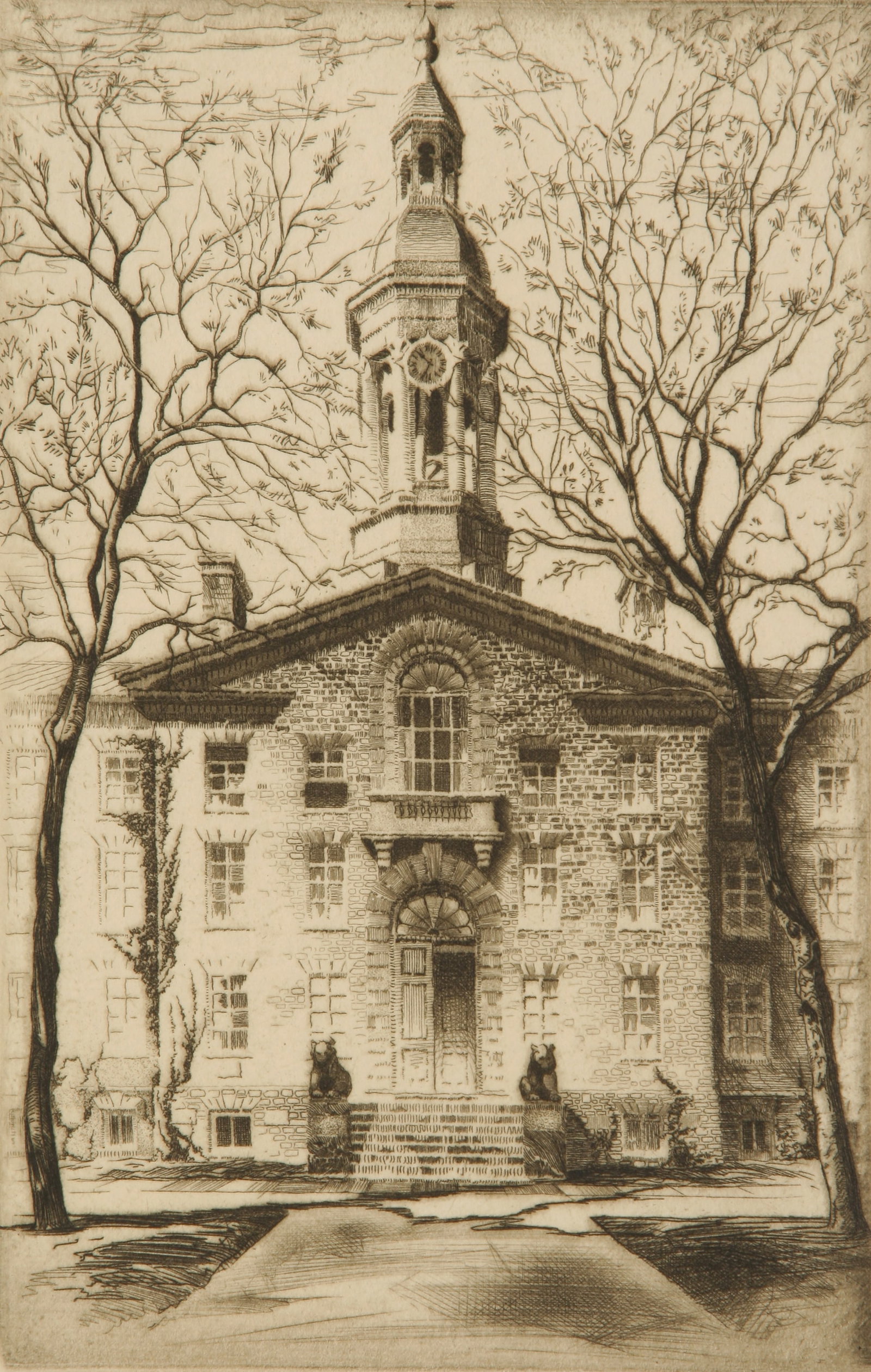 John Taylor Arms (American, 1887 - 1953): "Nassau Hall - Princeton University"; c. 1925; Etching; 6.5" x 4.25"; Unsigned; Unframed.