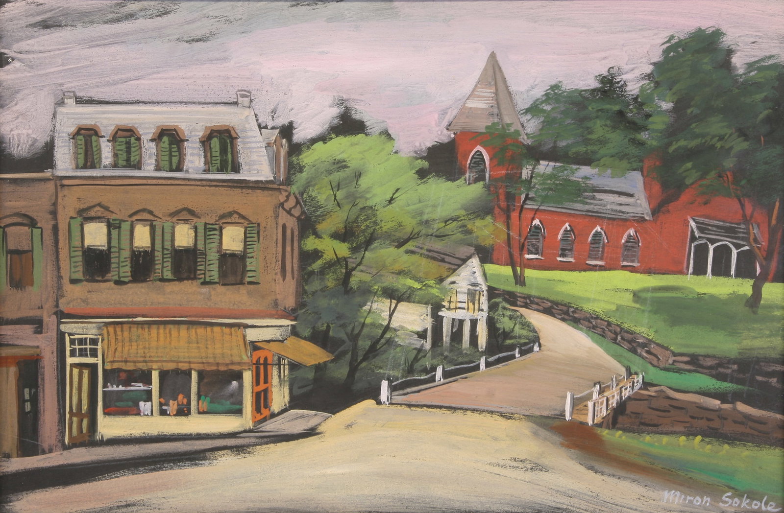 Miron Sokole (Russian - American, 1901 - 1985): "Red Church"; n.d.; Gouache on Paper; 11.5" x 17.5"; Signed "Miron Sokole" Lower Right; Framed (under glass).